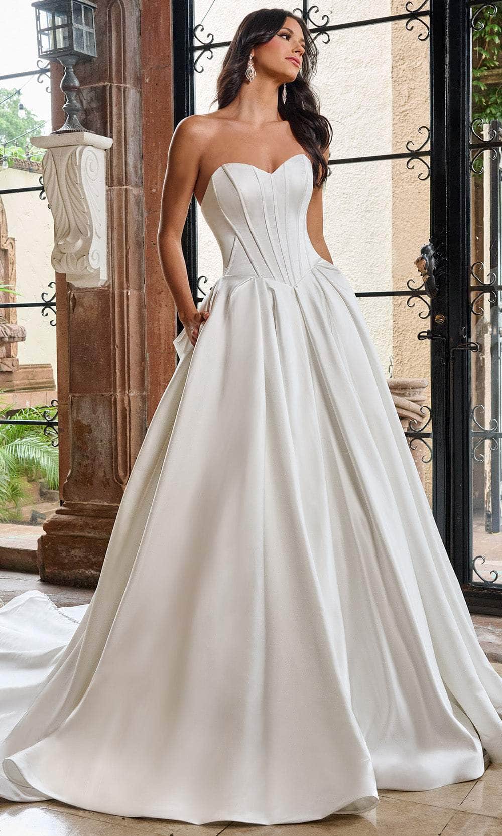 Rachel Allan RB5092 - Long Satin Ballgown Dress - Corset-Style Bodice, Strapless, Structured Pleating, Pockets, Covered Back Buttons, Back Bow ADASA Rachel Allan RB5092 - Long Satin Ballgown Dress - Corset-Style Bodice, Strapless, Structured Pleating, Pockets, Covered Back Buttons, Back Bow ADASA