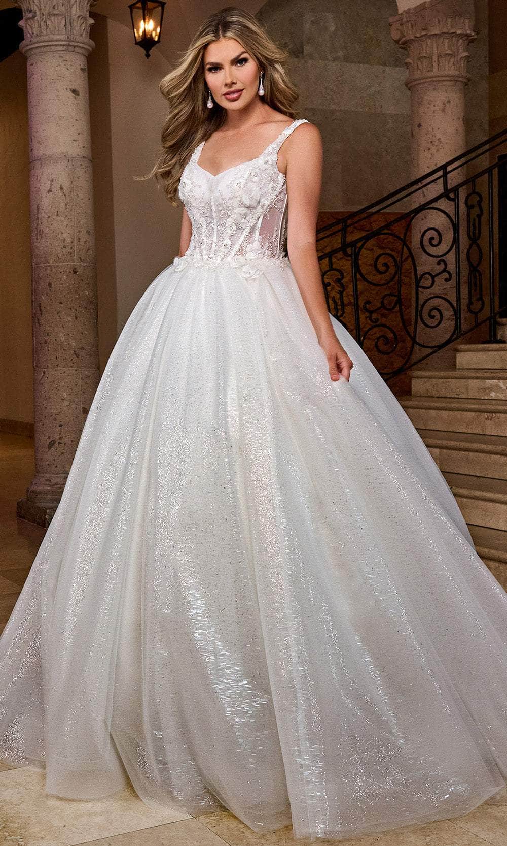 Rachel Allan RB6165 - Long Glitter Tulle, Applique, Beads Ballgown Dress - Sheer Corset Bodice, Sleeveless, 3D Floral Appliques, Glitters, Beaded,
