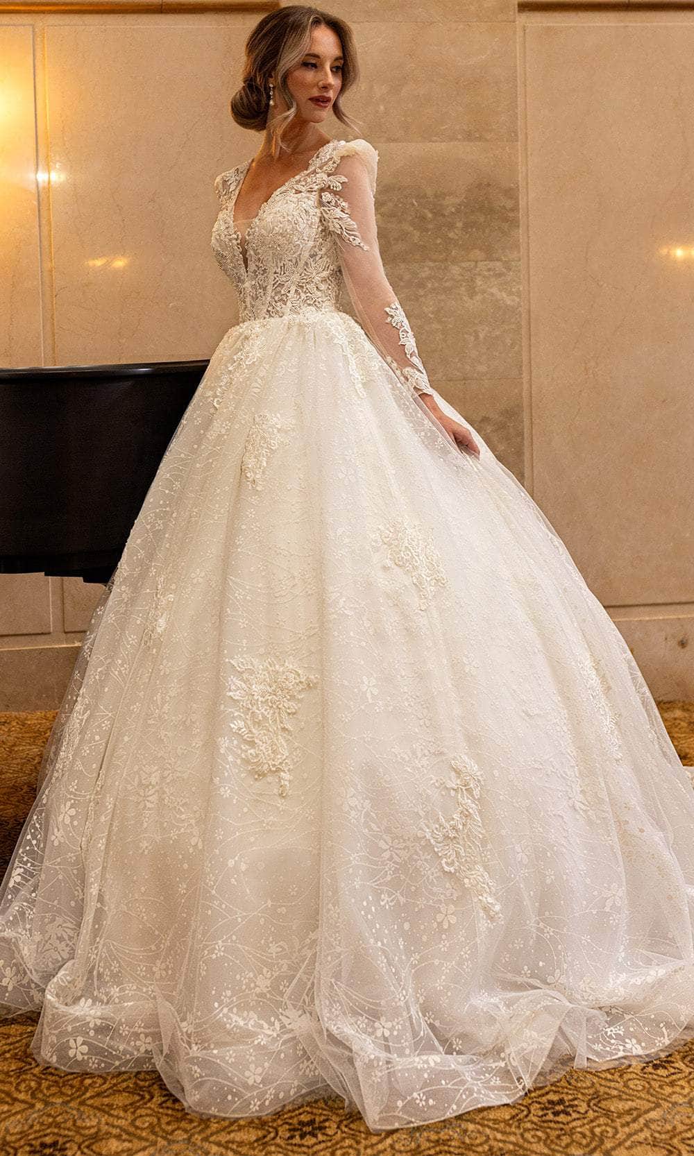 beaded illusion bodice ball gown wedding dress Sexy Plunging Illusion V-Neck Beaded Lace Appliques Long Prom Party Dr –  VOS LEE main image 1