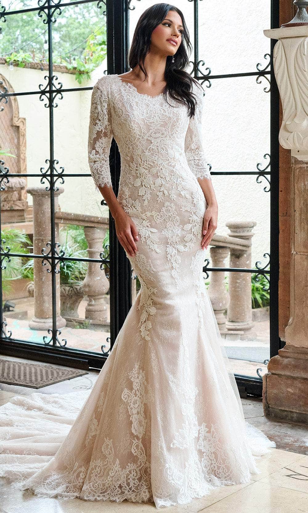 Rachel Allan RB7003 - Long Lace, Glitter Tulle, Applique Mermaid Dress - Three-Quarter Sleeves, Embroidered Lace, Chapel Train, Covered Back Buttons Rachel Allan RB7003 - Long Lace, Glitter Tulle, Applique Mermaid Dress - Three-Quarter Sleeves, Embroidered Lace, Chapel Train, Covered Back Buttons