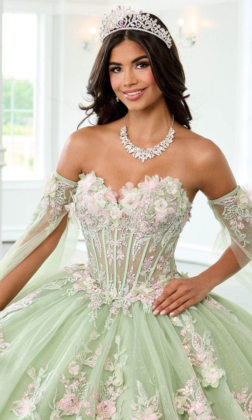 Rachel Allan RQ2216 - 3D Floral Applique Ballgown with Cape Sleeve Quinceanera Dresses