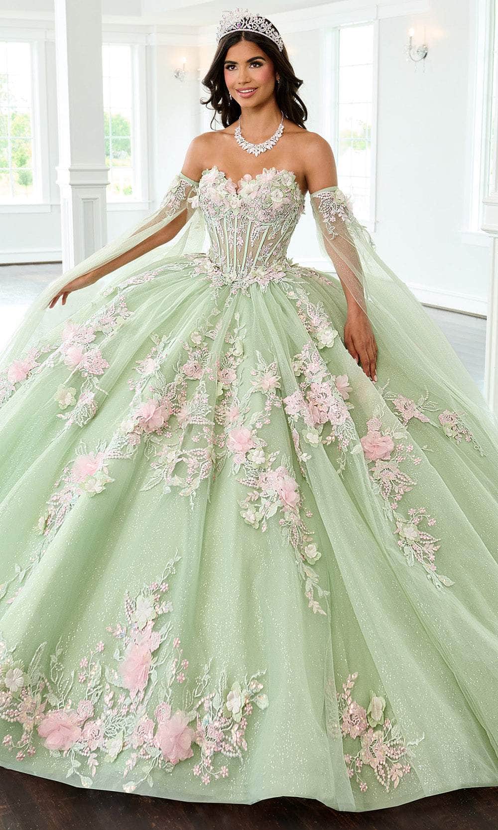 Rachel Allan RQ2216 - 3D Floral Applique Ballgown with Cape Sleeve Quinceanera Dresses