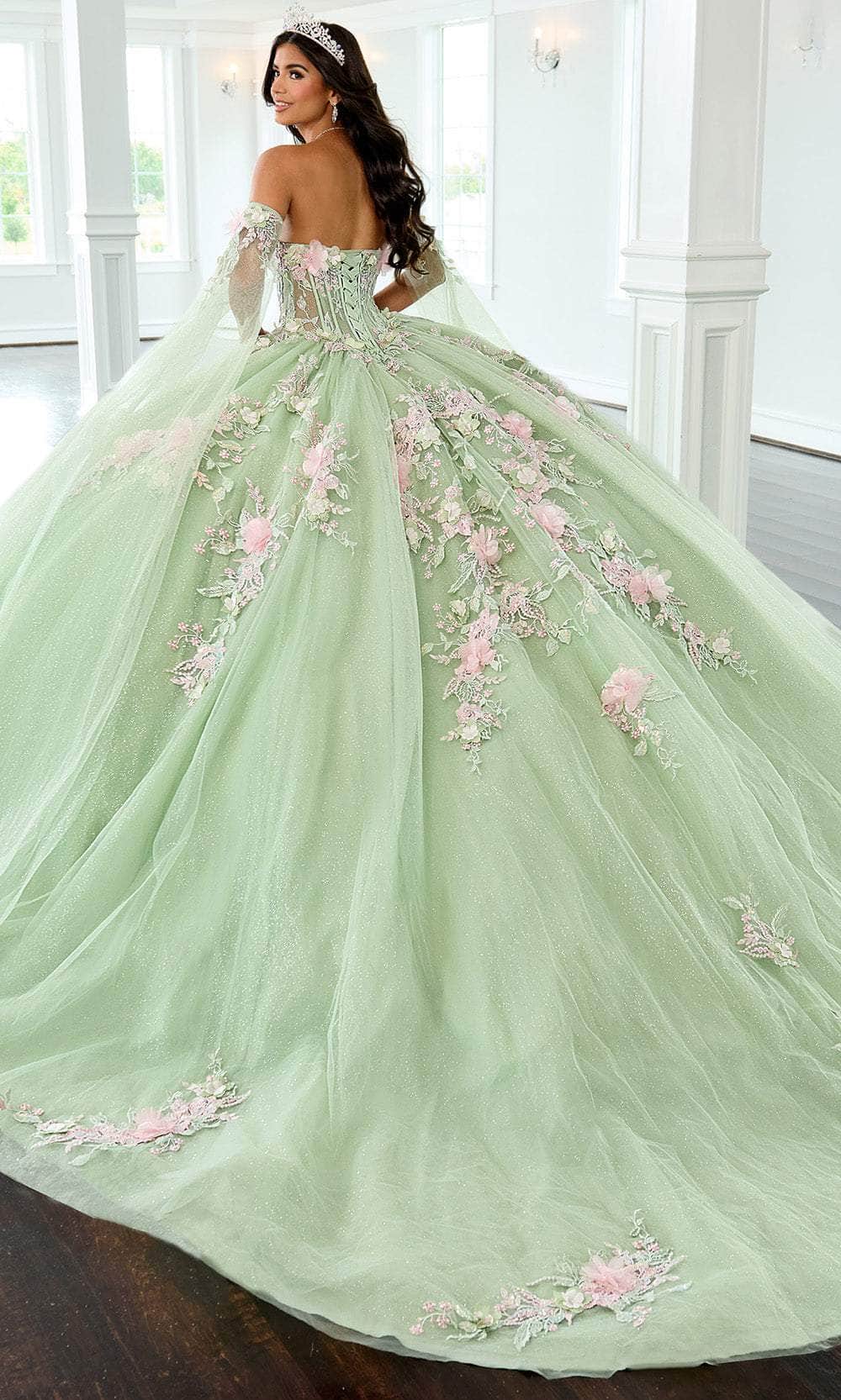 Rachel Allan RQ2216 - 3D Floral Applique Ballgown with Cape Sleeve Quinceanera Dresses