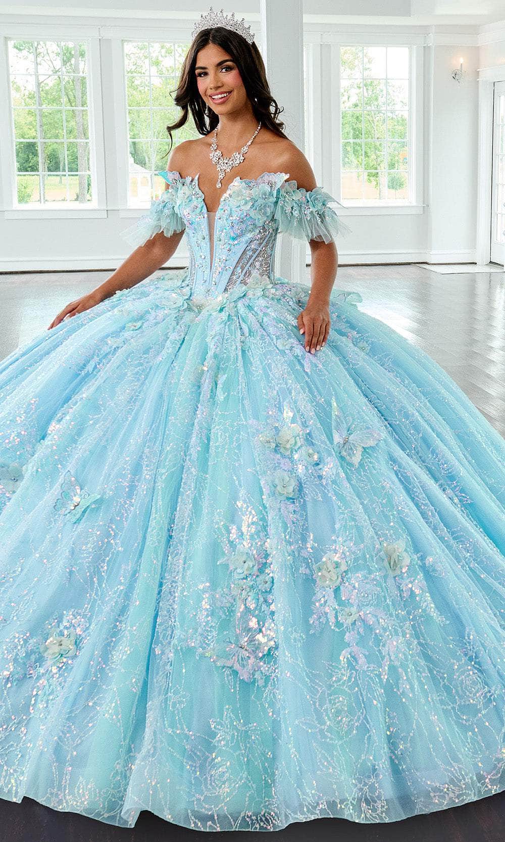 Rachel Allan RQ3149 - Long Glitter Tulle, Applique, Beading, 3D Flowers, 3D Butterflies Ballgown Dress - Strapless, Detachable Flutter Sleeves,