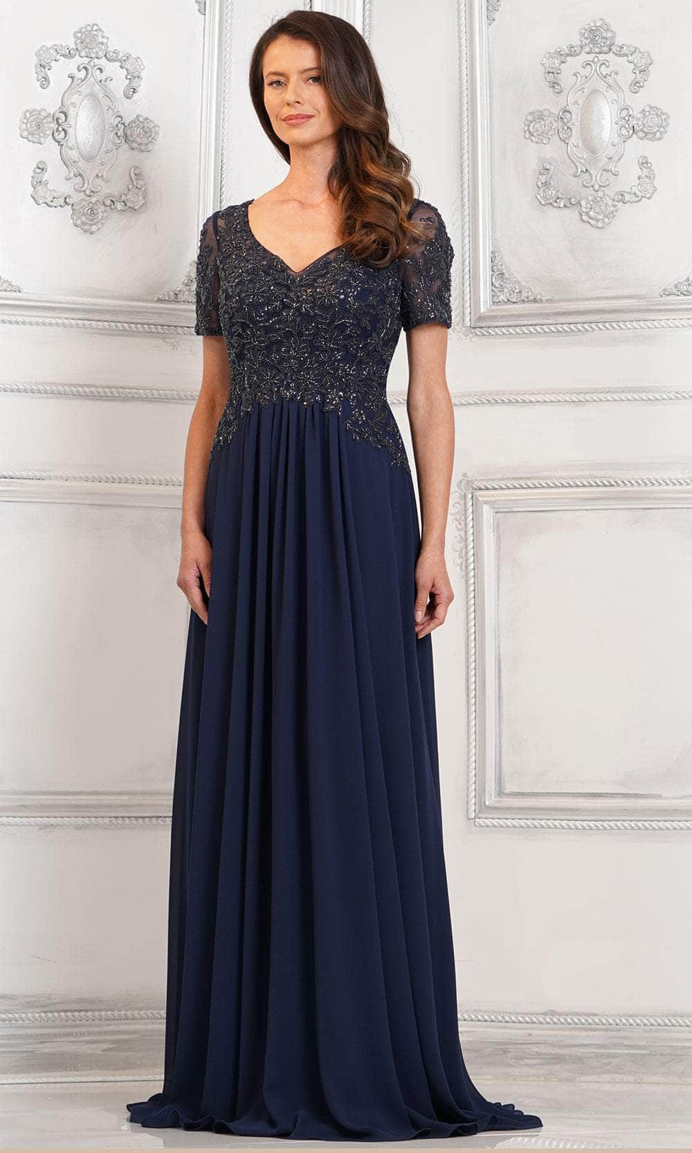 Rina Di Montella RD2940 - Long Chiffon A-Line Dress - Short Sleeve, Beaded, Lace Appliques, Illusion Bodice, Fully Covered Back, Back Zipper, Sweep Train ADASA Rina Di Montella RD2940 - Long Chiffon A-Line Dress - Short Sleeve, Beaded, Lace Appliques, Illusion Bodice, Fully Covered Back, Back Zipper, Sweep Train ADASA
