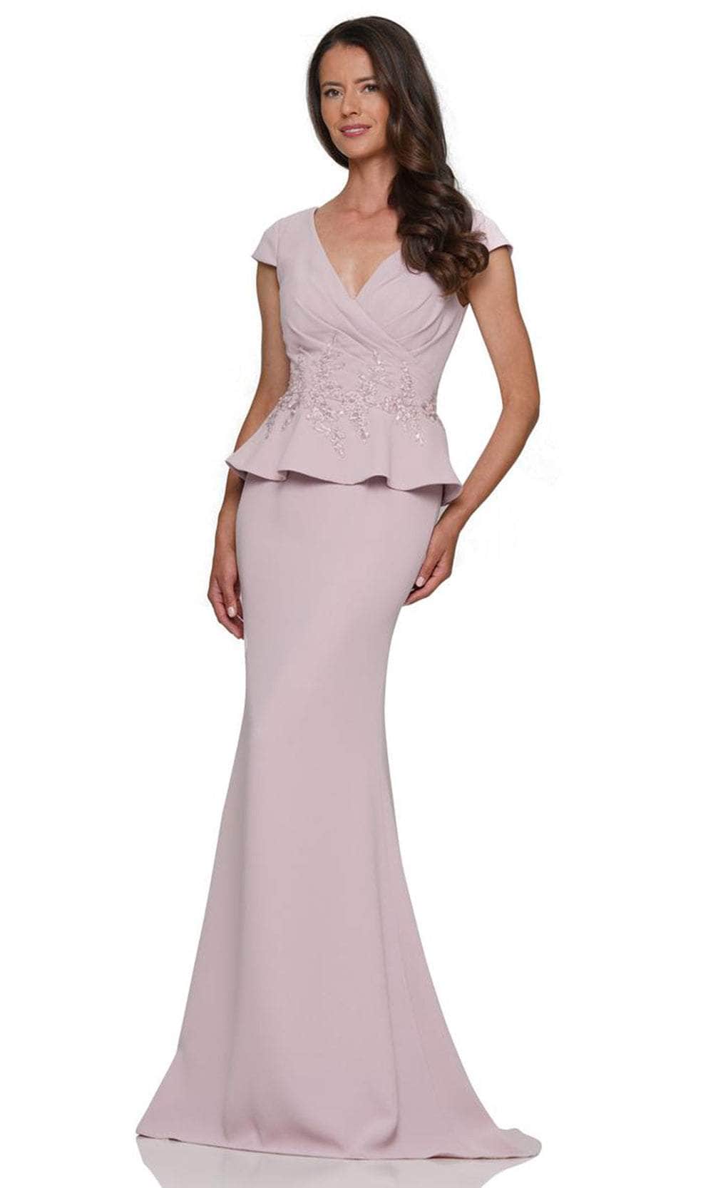 Rina Di Montella RD2971 - Long Crepe Mermaid Dress - Cap Sleeves, Seams, Pleated Details, Back Zipper Closure, Embroideries, Sequin, Peplum, Train ADASA Rina Di Montella RD2971 - Long Crepe Mermaid Dress - Cap Sleeves, Seams, Pleated Details, Back Zipper Closure, Embroideries, Sequin, Peplum, Train ADASA
