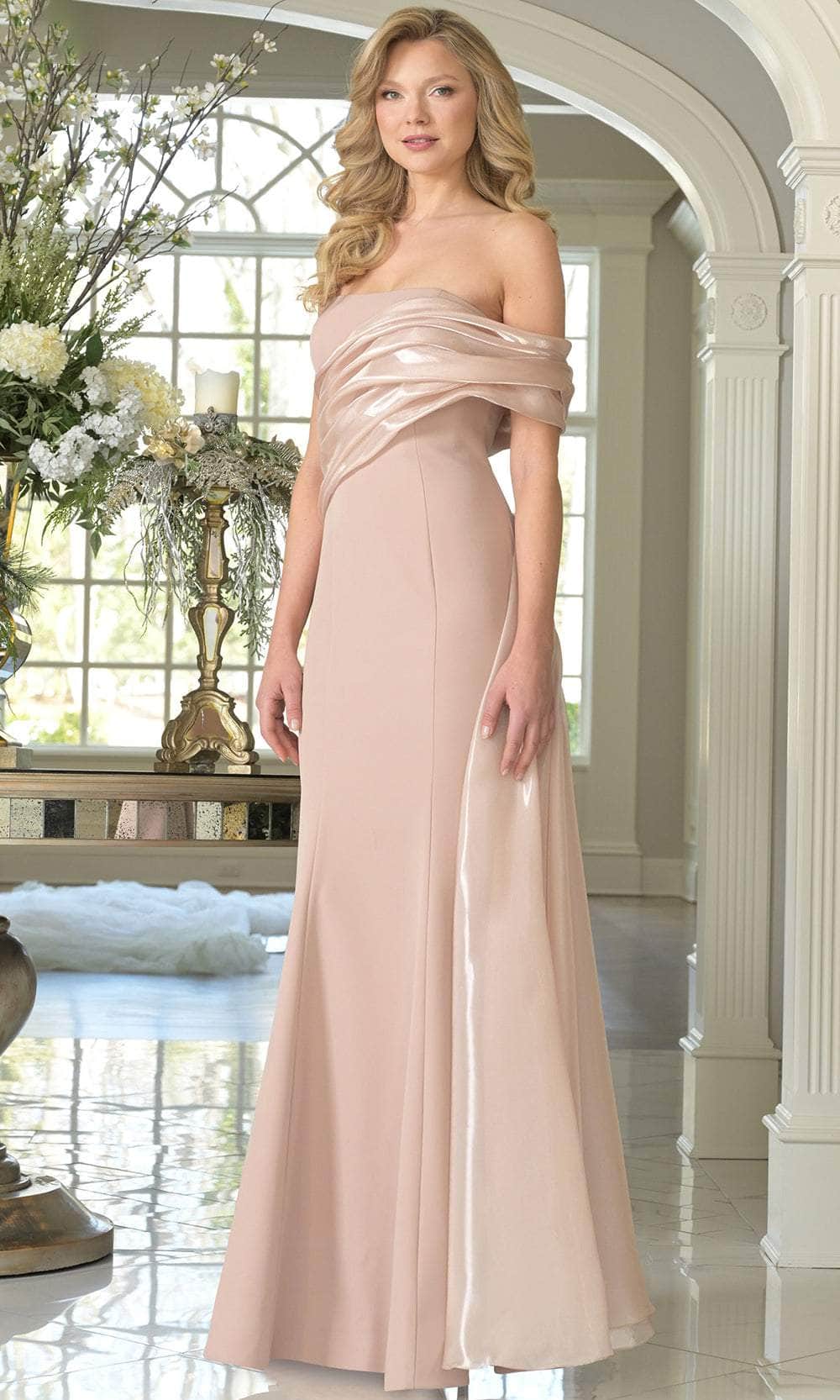 Rina Di Montella RD3342 - Long Crepe/ Mirror Organza Sheath Dress - Off Shoulder Sleeves, Asymmetric Drape, Structured Bodice, Mid-Open Back ADASA Rina Di Montella RD3342 - Long Crepe/ Mirror Organza Sheath Dress - Off Shoulder Sleeves, Asymmetric Drape, Structured Bodice, Mid-Open Back ADASA