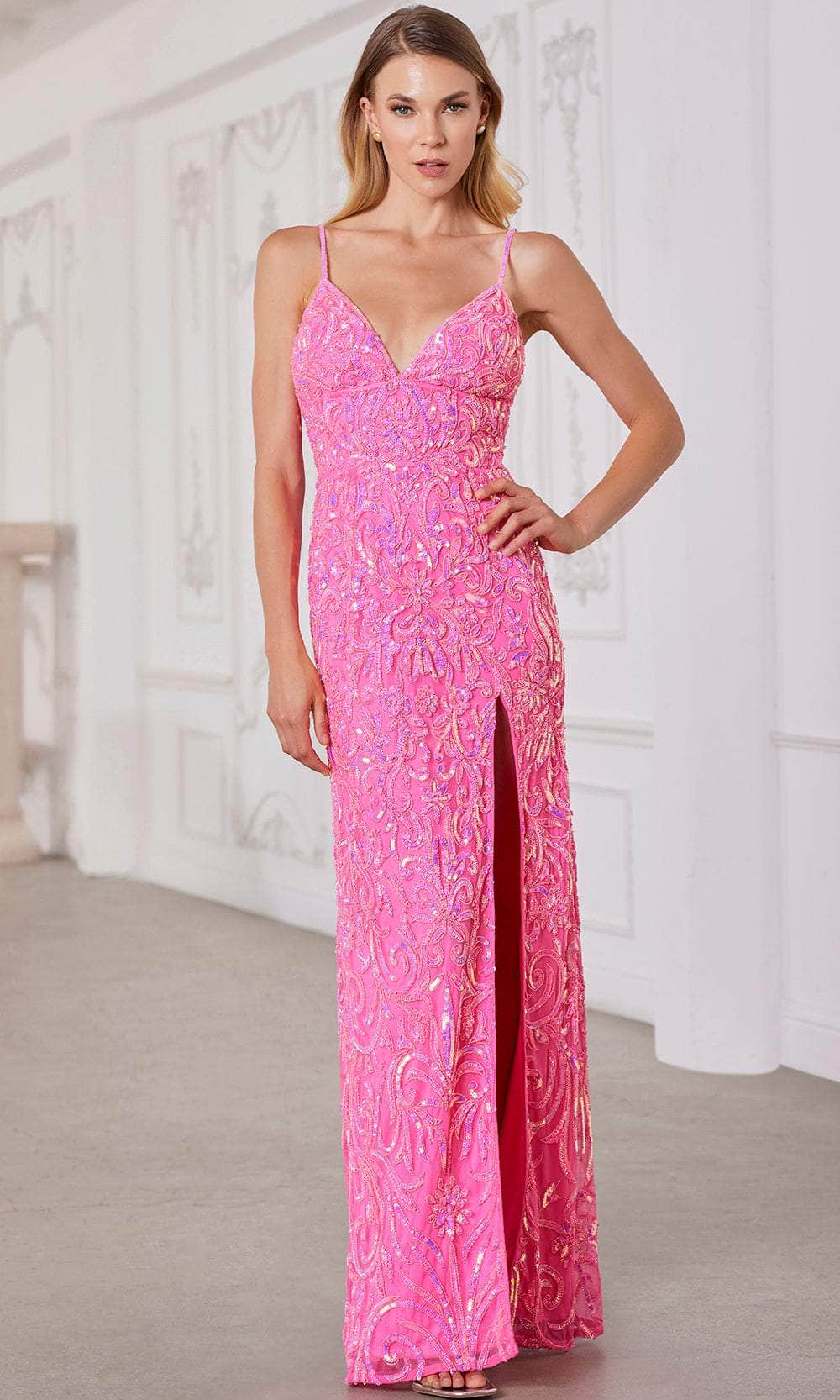 SCALA 80117 - Lace-Up Back Beaded Evening Dress Evening Dress 000 /  Shiny Fuchsia