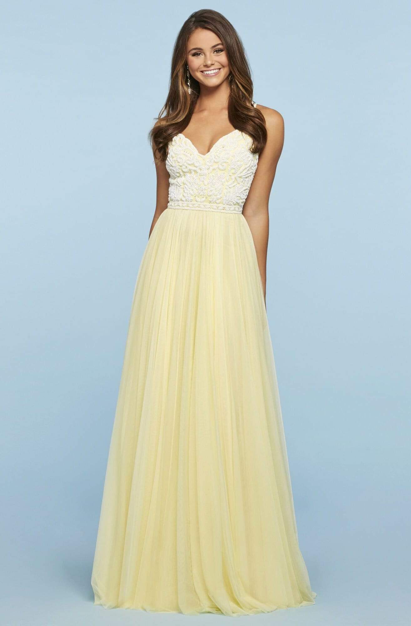 Sherri Hill - 53556 Beaded Bodice Chiffon A-Line Dress Prom Dresses 00 / Yellow/Ivory