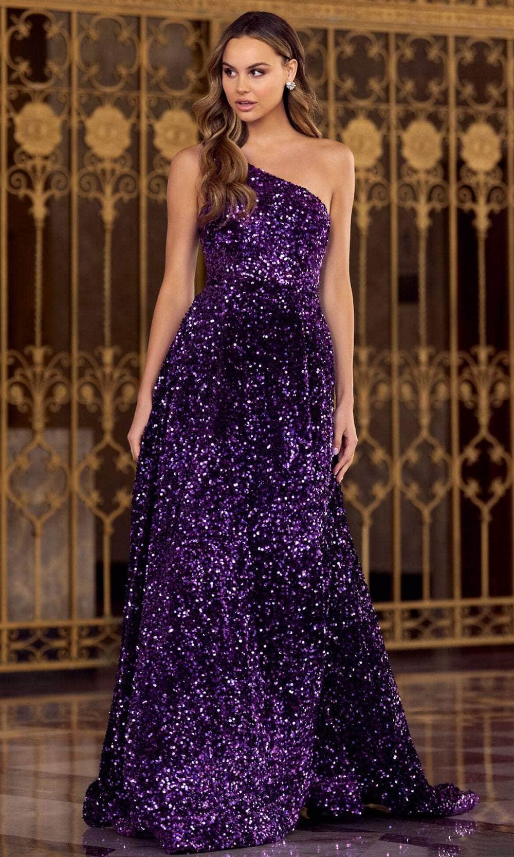 Sherri Hill 55092 - Long A-line Dress - One-sleeve, Embellishments, Sequins, Asymmetric neckline, Double straps, Mid-open back, Back zipper closure, Train ADASA Sherri Hill 55092 - Long A-line Dress - One-sleeve, Embellishments, Sequins, Asymmetric neckline, Double straps, Mid-open back, Back zipper closure, Train ADASA