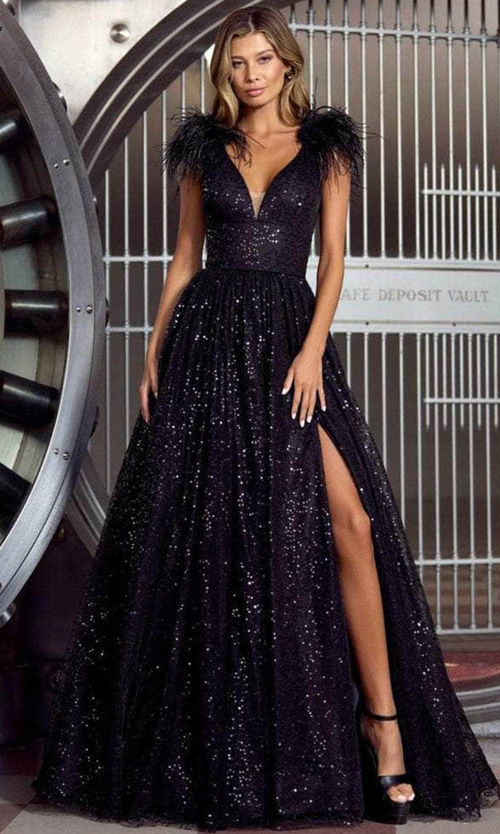 Sherri Hill 55249 - Long A-line Dress - Feather details, Beads, Zipper, Slit ADASA Sherri Hill 55249 - Long A-line Dress - Feather details, Beads, Zipper, Slit ADASA