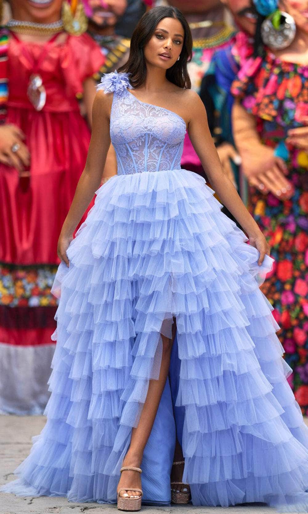 sherri hill one shoulder long sleeve dress Sherri Hill 55353 Fringe Sleeve One Shoulder Dress