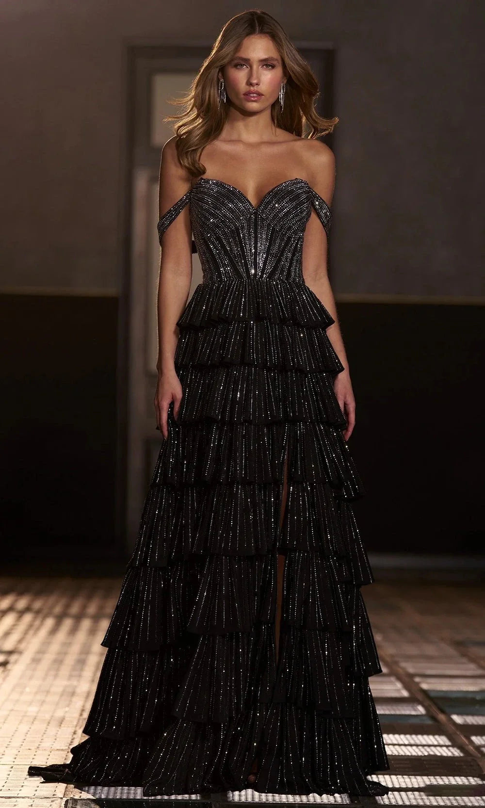 Sherri Hill 56675 - Long A-Line Dress - Beaded, Off Shoulder Straps, Ruffle Skirt, High Slit, Lace-Up Back ADASA Sherri Hill 56675 - Long A-Line Dress - Beaded, Off Shoulder Straps, Ruffle Skirt, High Slit, Lace-Up Back ADASA