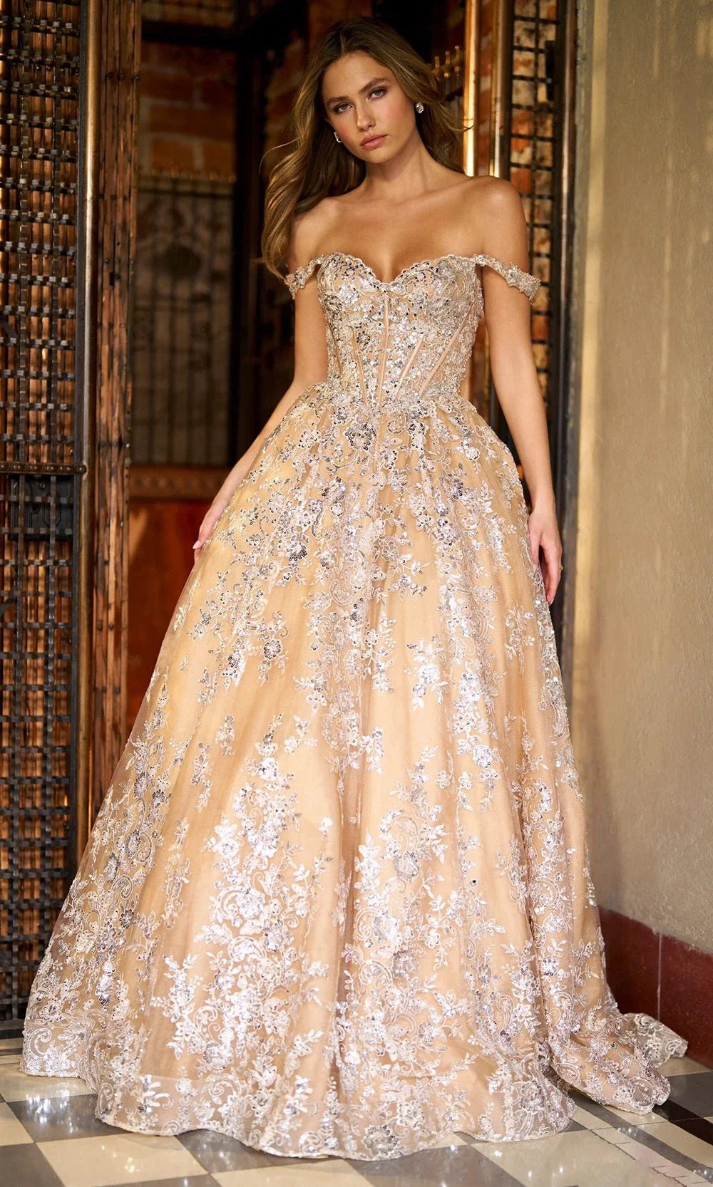 Sherri Hill 56711 - Long Ballgown - Sequin Lace, Off Shoulder Sleeves,  Corset Bodice, V-Open Back  ADASA