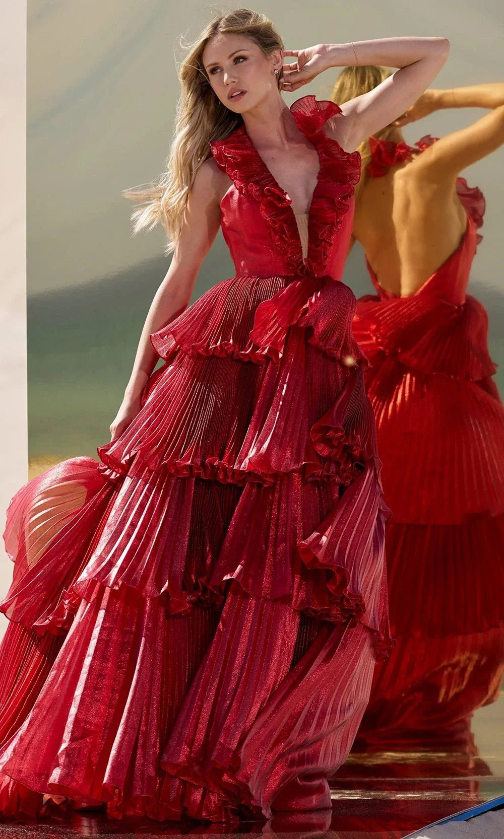 Sherri Hill 56801 - Long Organza A-Line Dress - Halter, Ruffled Pleated Tiers, Open Back, Sleeveless 8 / Red Sherri Hill 56801 - Long Organza A-Line Dress - Halter, Ruffled Pleated Tiers, Open Back, Sleeveless 8 / Red