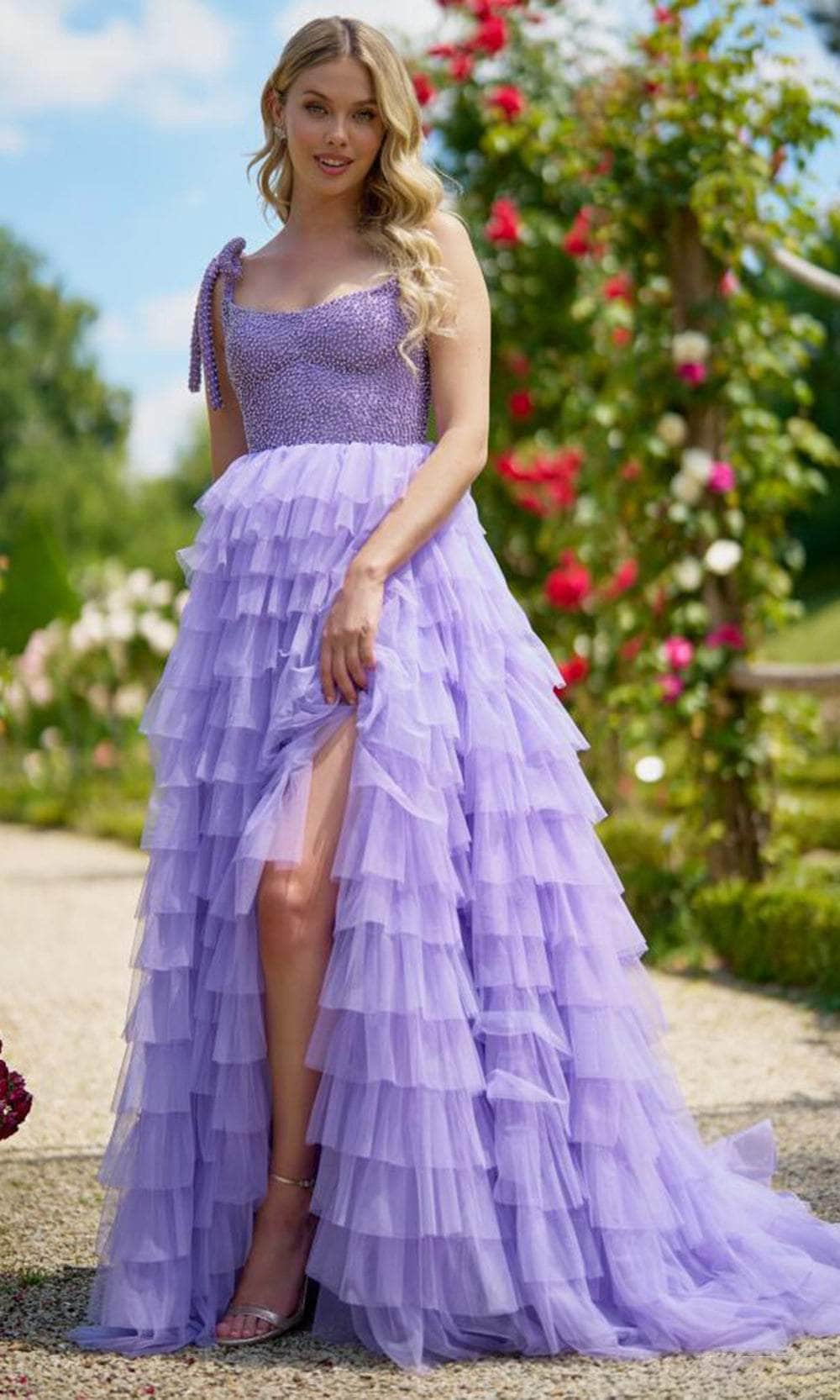 Sherri Hill 56829 - Long Tulle Ballgown - Beaded Top, Ruffle Tiered Skirt, High Slit, Tie Shoulder Strap ADASA Sherri Hill 56829 - Long Tulle Ballgown - Beaded Top, Ruffle Tiered Skirt, High Slit, Tie Shoulder Strap ADASA