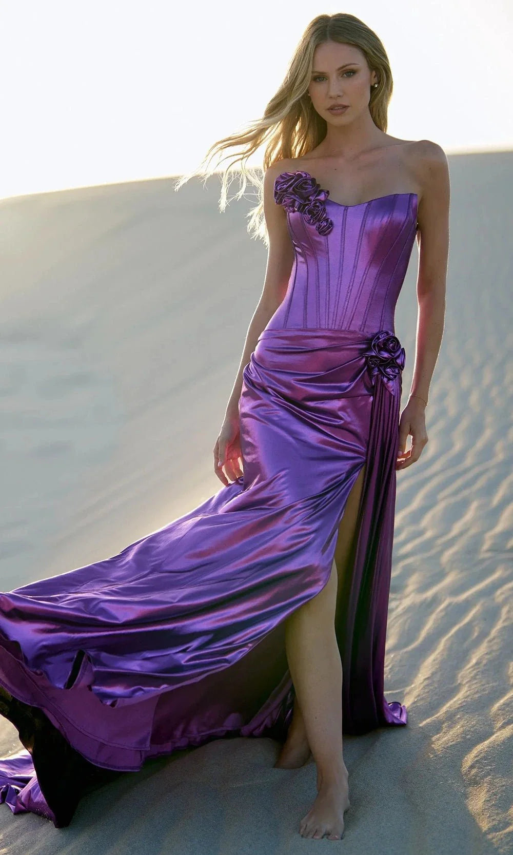 Sherri Hill 56839 - Long Metallic Sheath Dress - Ruched Bodice, Floral Embellishments, High Slit, Strapless 000 / Emerald