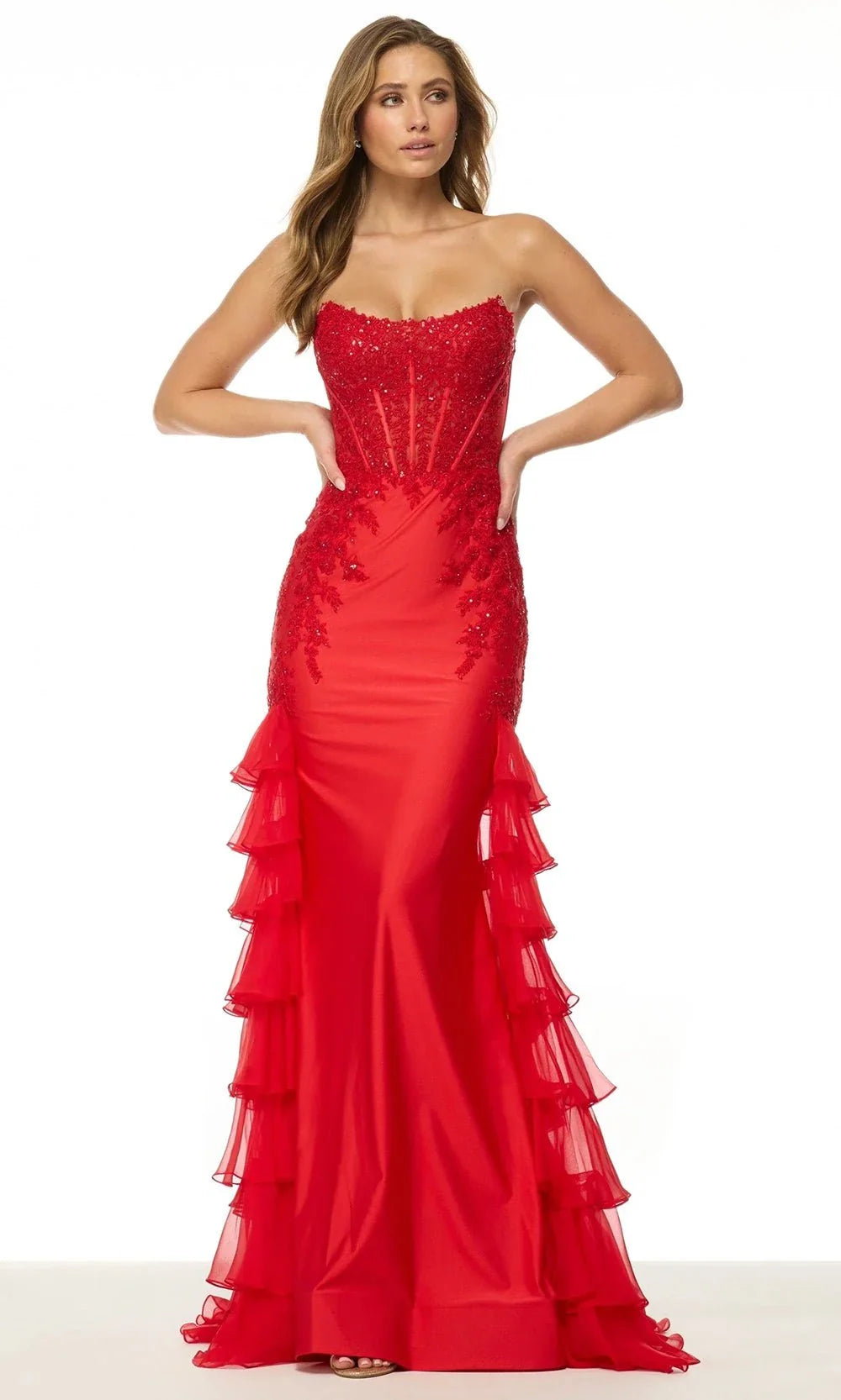 Sherri Hill 56944 - Long Chiffon Trumpet Dress - Beaded Bodice, Floral Lace Applique, Ruffle Sides, Strapless ADASA Sherri Hill 56944 - Long Chiffon Trumpet Dress - Beaded Bodice, Floral Lace Applique, Ruffle Sides, Strapless ADASA