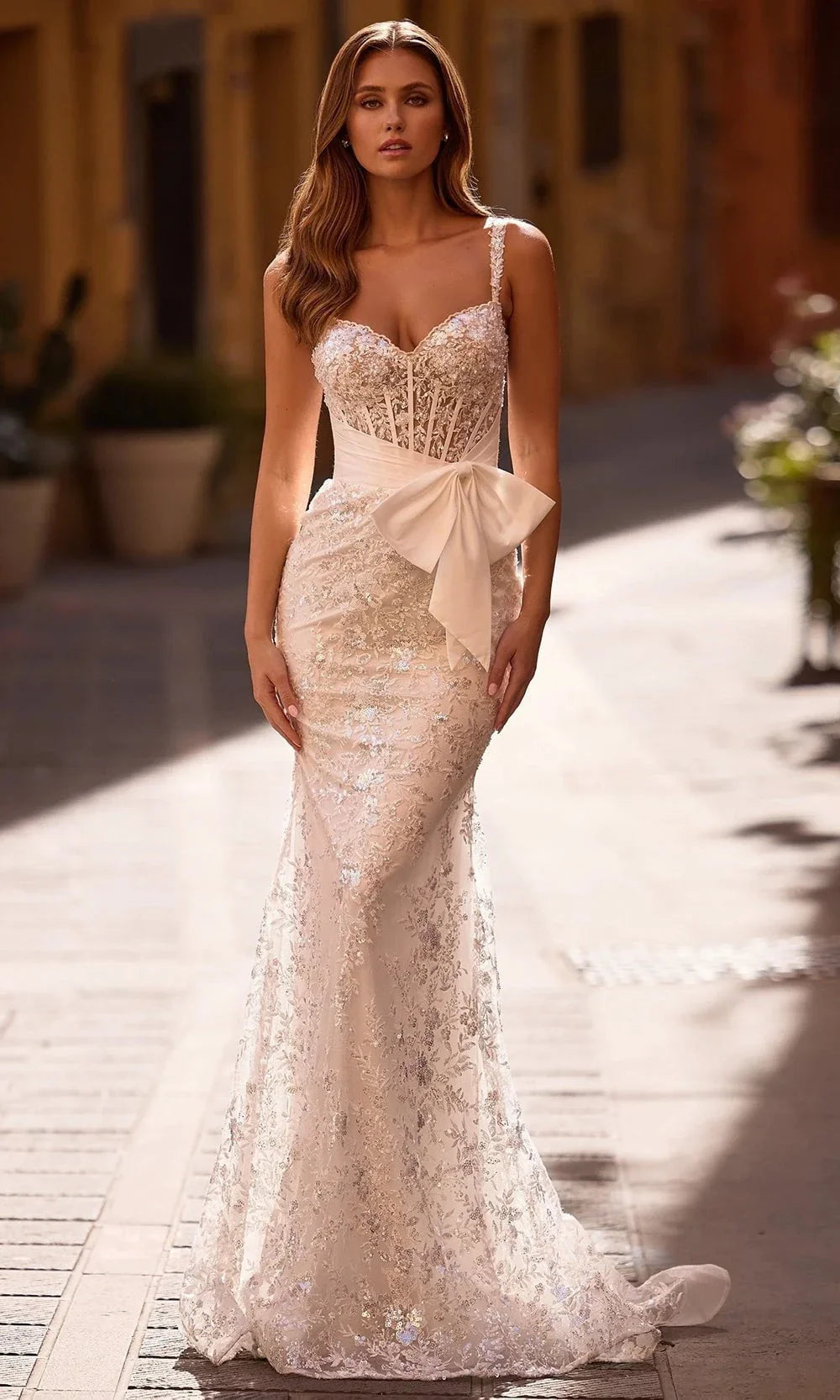 Sherri Hill 57045 - Long Sheath Dress - Sequin Lace, Fitted, Sheer Corset Bodice, Taffeta Bow Belt, Sleeveless ADASA Sherri Hill 57045 - Long Sheath Dress - Sequin Lace, Fitted, Sheer Corset Bodice, Taffeta Bow Belt, Sleeveless ADASA
