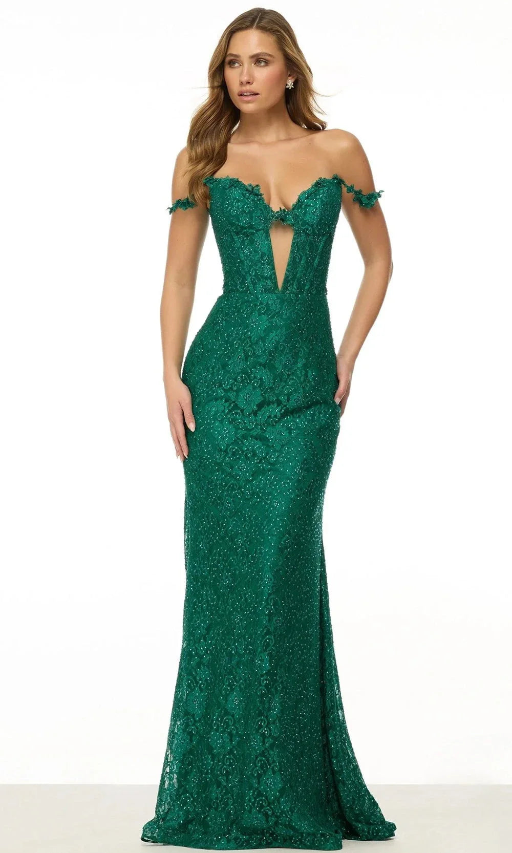 Sherri Hill 57178 - Long Sheath Dress - Floral Lace, Beaded, Off-Shoulder Straps, Illusion V-Cutout 8 / Black - Shop Sherri Hill Dresses On Couture