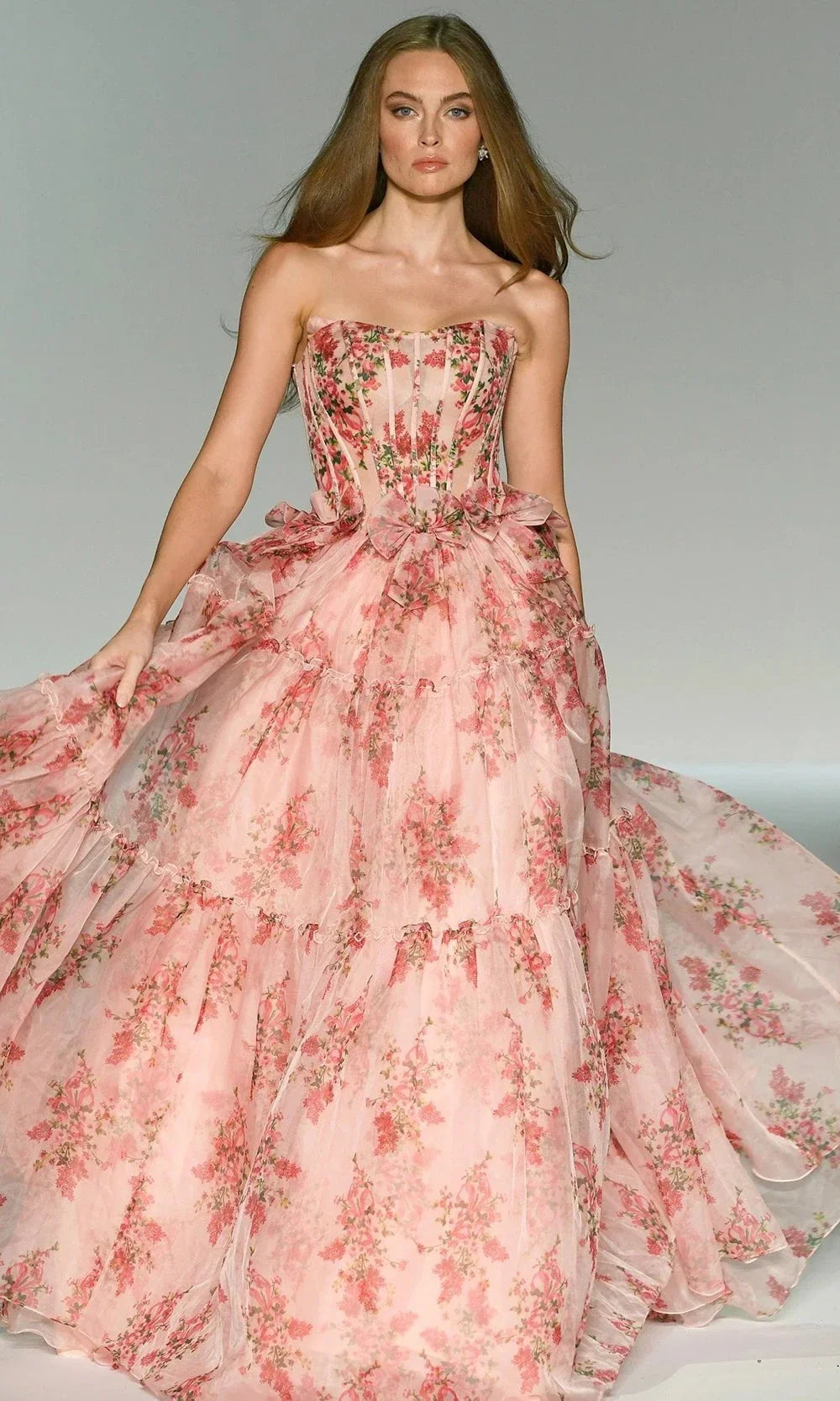 Sherri Hill 57211 - Floral Corset Tiered Gown Prom Dresses 000 /  Blush/Red Print