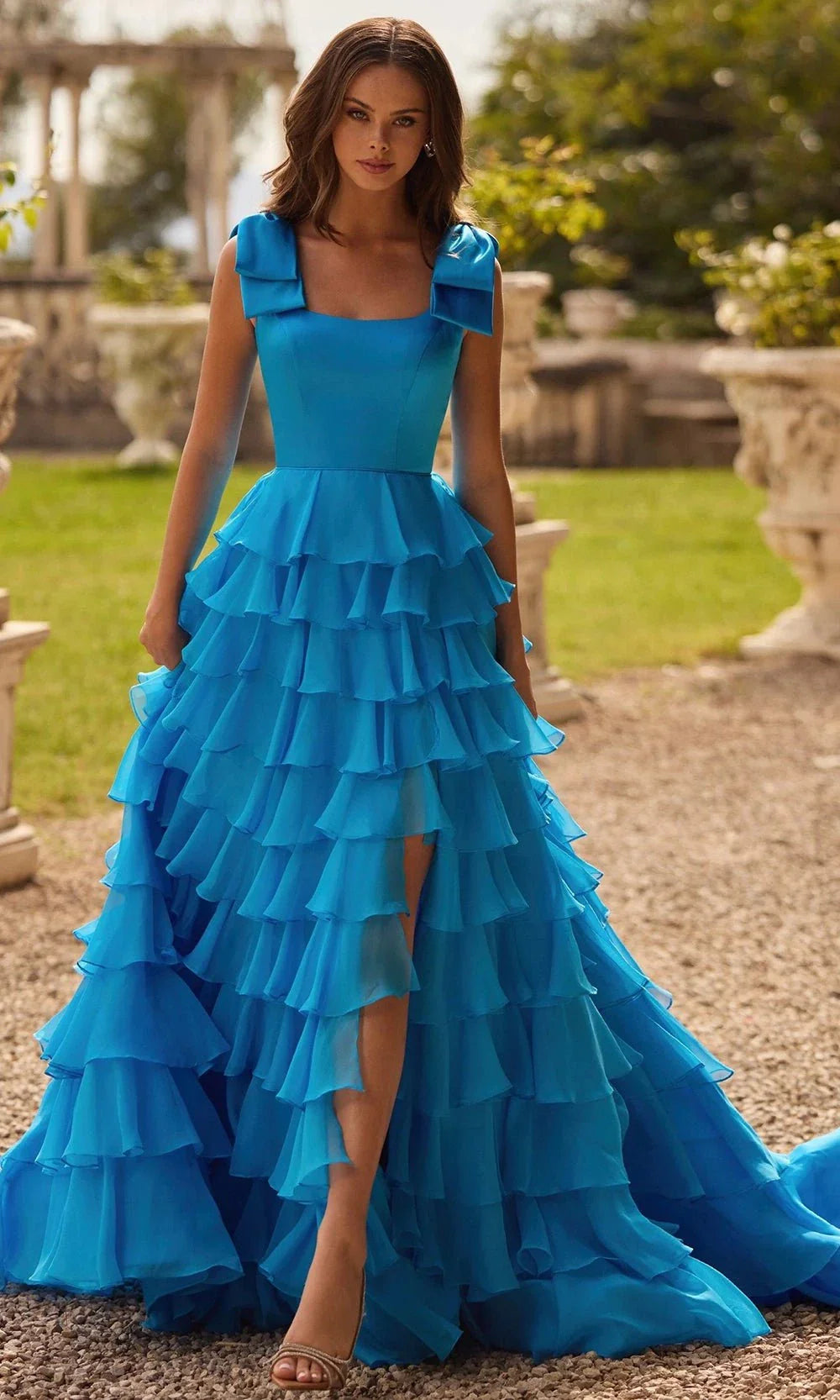 Sherri Hill 57215 - Elegant Square Neck Tiered Ruffle Gown Prom Dresses