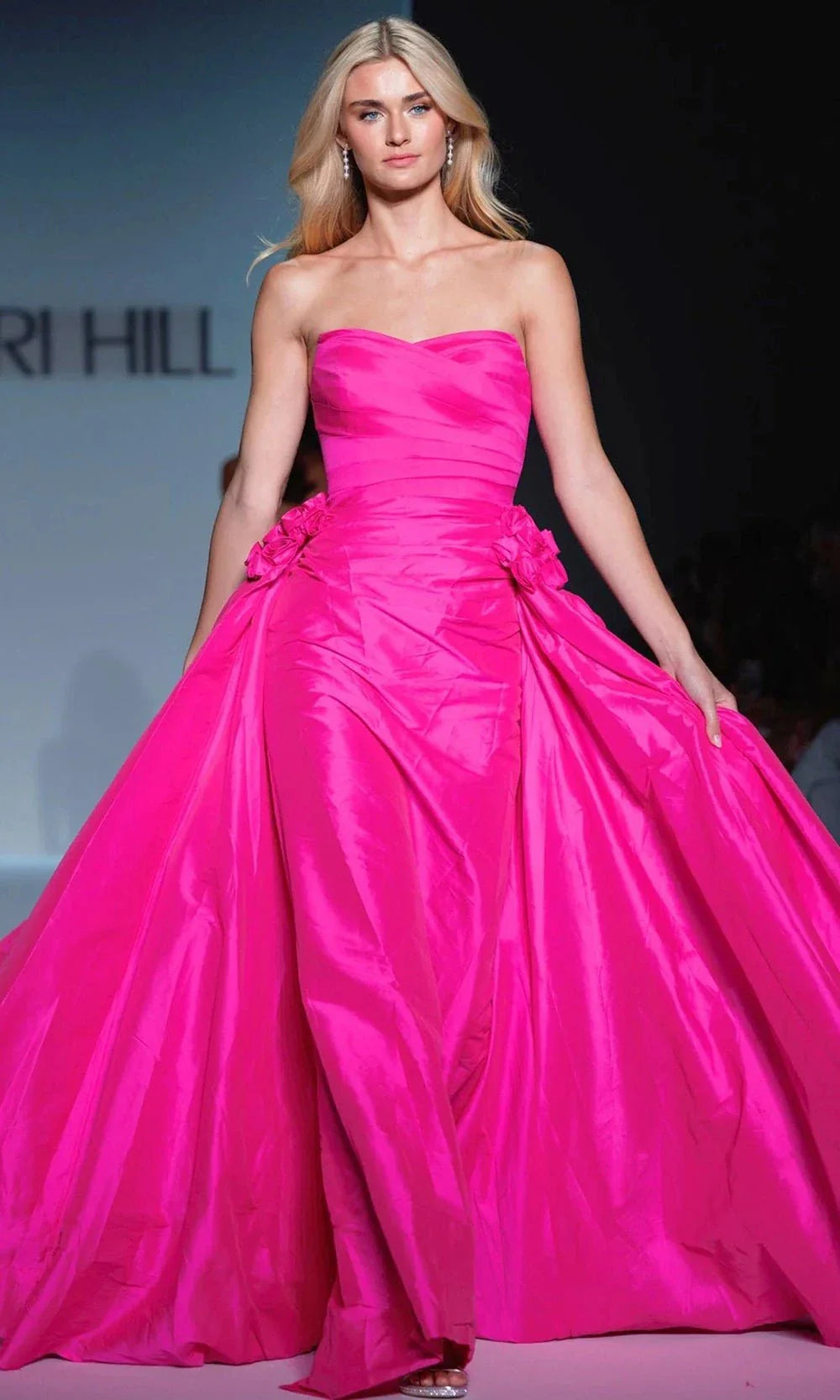 Sherri Hill 57240 - Long Taffeta Sheath/A-Line Dress - Strapless, Ruched Bodice, Floral Side Accents, Overskirt ADASA Sherri Hill 57240 - Long Taffeta Sheath/A-Line Dress - Strapless, Ruched Bodice, Floral Side Accents, Overskirt ADASA