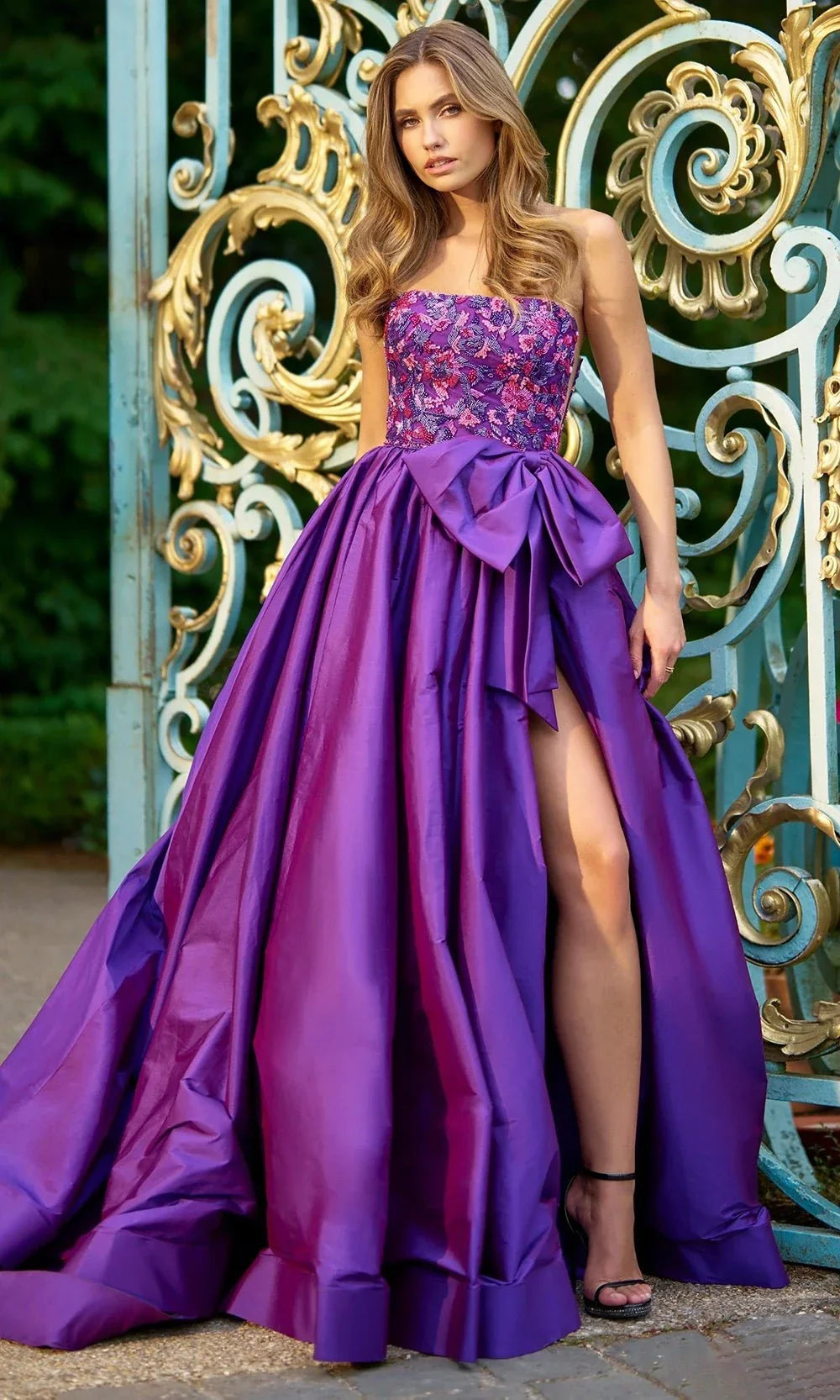 Sherri Hill 67020 - Long Taffeta Ballgown - Beaded Bodice, Strapless, Thigh-High Slit, Bow Accent, Train ADASA Sherri Hill 67020 - Long Taffeta Ballgown - Beaded Bodice, Strapless, Thigh-High Slit, Bow Accent, Train ADASA