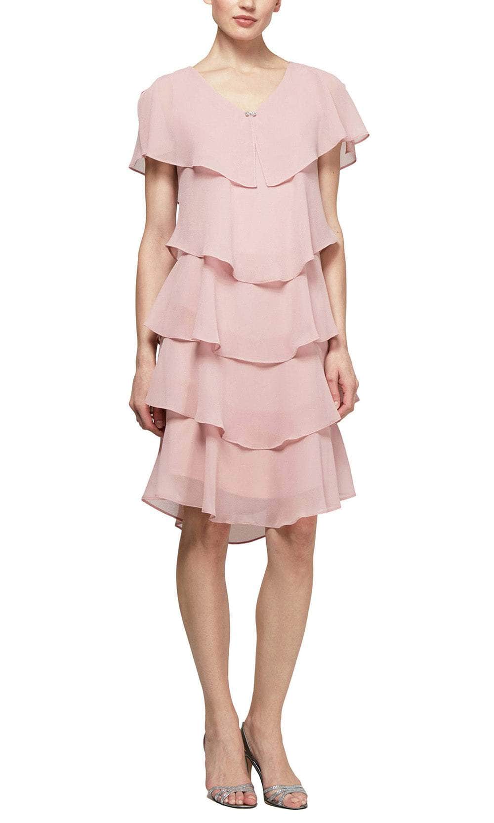 SLNY 1175251 - Knee Length 100% Polyester Sheath Dress - Short Flutter Sleeves, Tiered Bodice, Enclosed Back, Beaded Brooch 6 / Black SLNY 1175251 - Knee Length 100% Polyester Sheath Dress - Short Flutter Sleeves, Tiered Bodice, Enclosed Back, Beaded Brooch 6 / Black