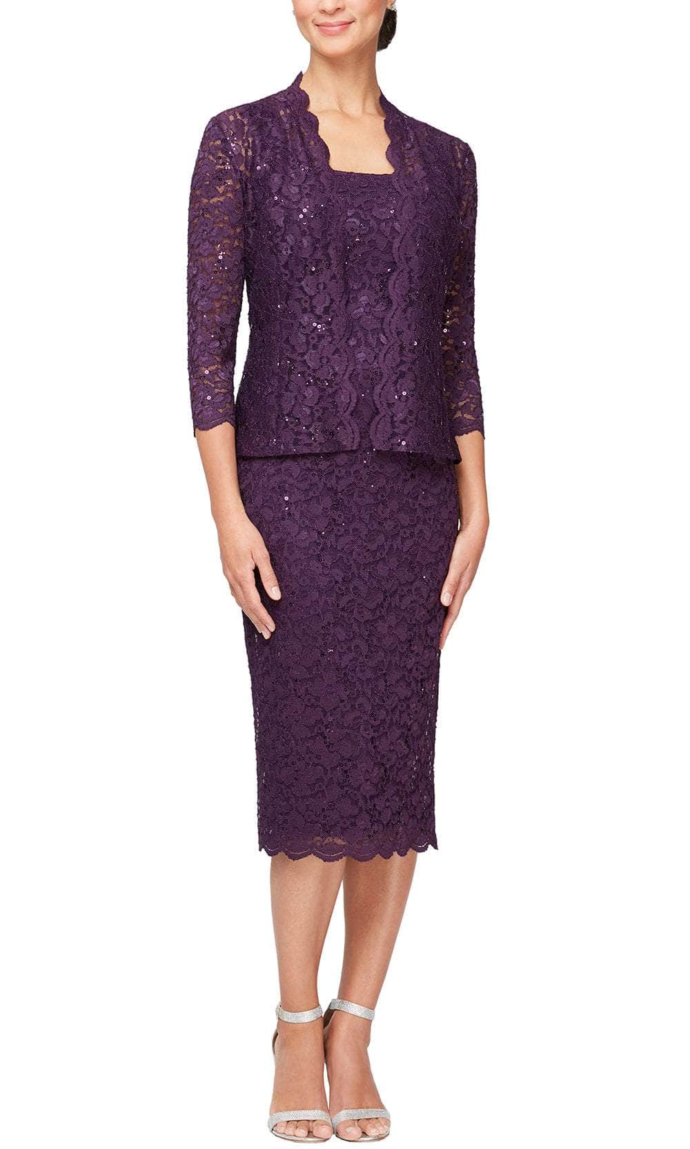 S.L. Fashions 9113104 - Sequined Lace Midi Dress with Matching Jacket Semi Formal