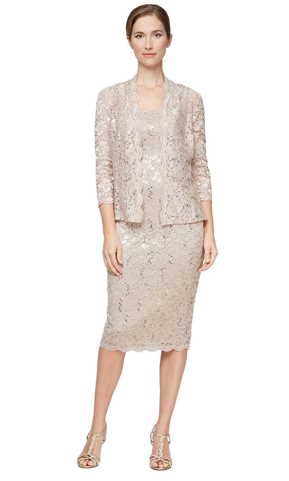S.L. Fashions 9113104 - Sequined Lace Midi Dress with Matching Jacket Semi Formal