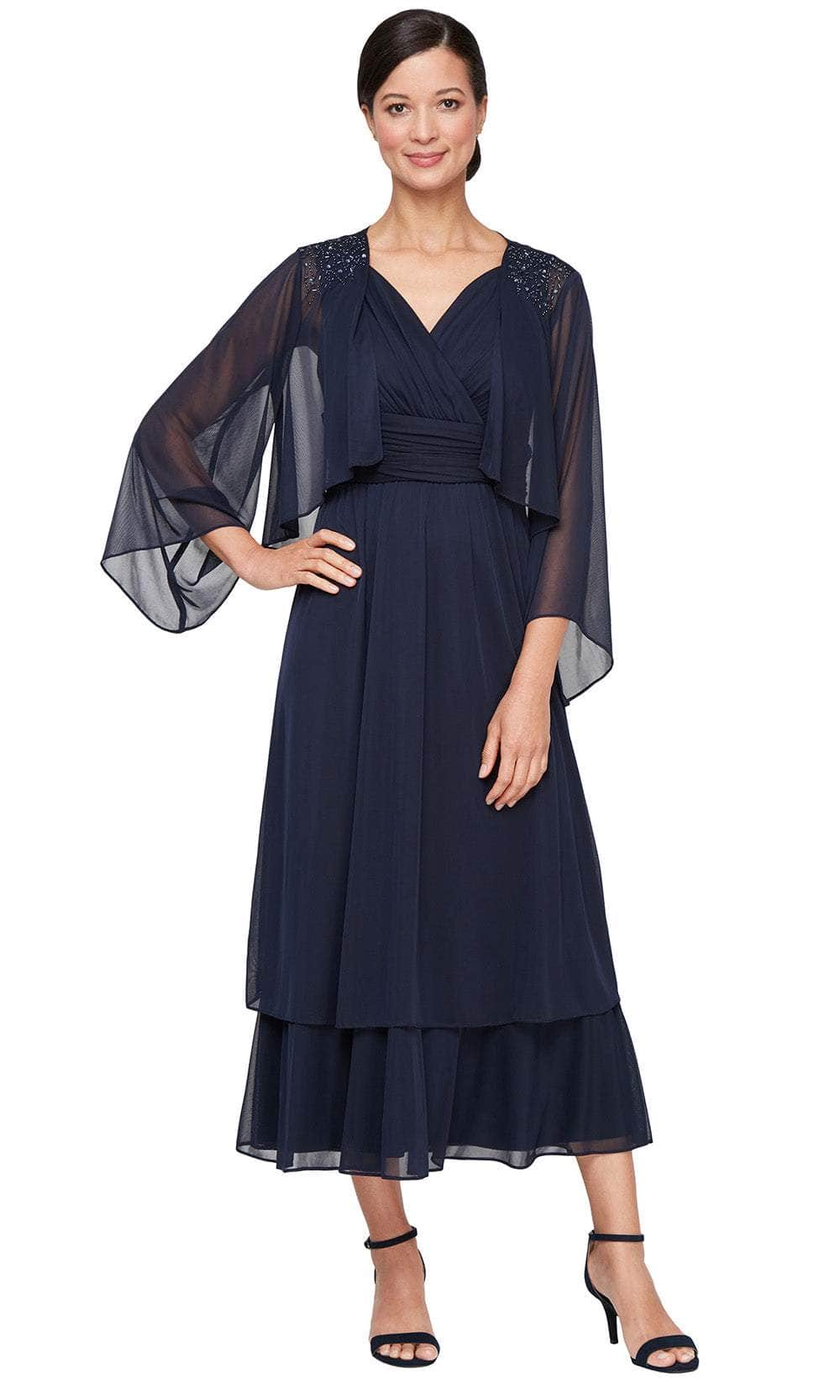 S.L. Fashions 9135251 - Sleeveless V-Neck Dress with Mesh Jacket S.L. Fashions 9135251 - Sleeveless V-Neck Dress with Mesh Jacket