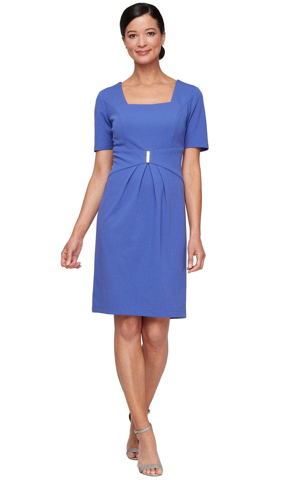 S.L. Fashions 9137261 - Knee Length 95% Polyester, 5% Spandex Sheath Dress - Short Sleeves, Pleated Skirt, Decorative Waist Buckle, Full Back, Fitted ADASA S.L. Fashions 9137261 - Knee Length 95% Polyester, 5% Spandex Sheath Dress - Short Sleeves, Pleated Skirt, Decorative Waist Buckle, Full Back, Fitted ADASA