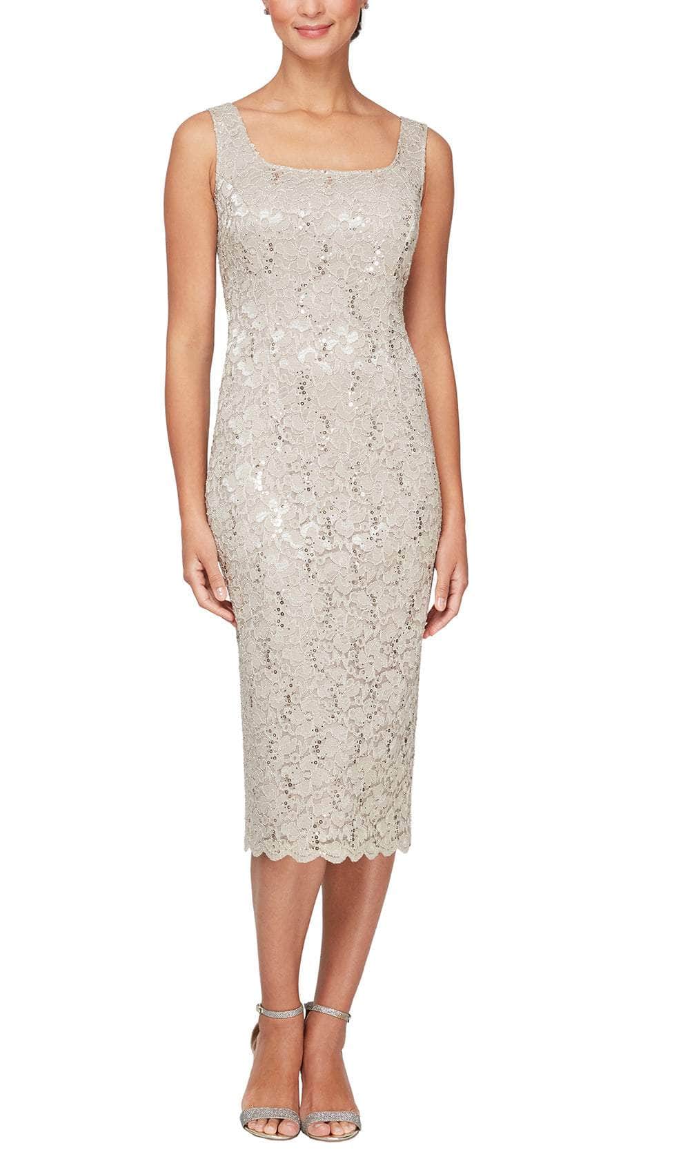 S.L. Fashions 9213104 - Lace Sheath Dress with Scalloped Hem Wedding Guest