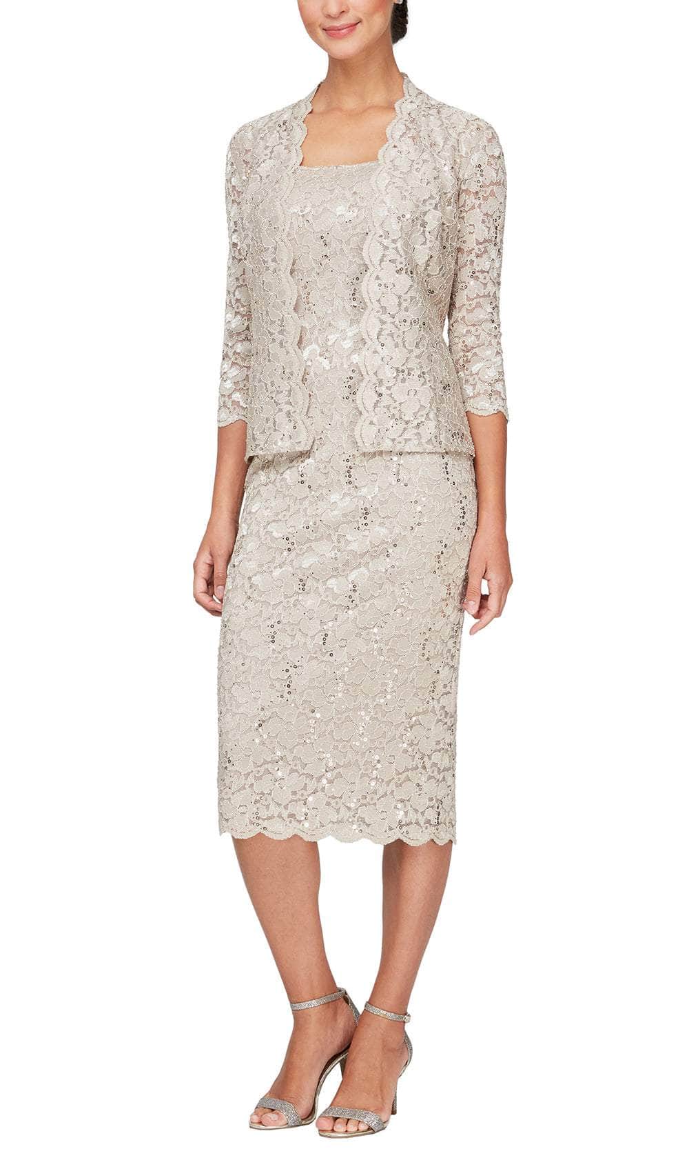 S.L. Fashions 9213104 - Lace Sheath Dress with Scalloped Hem Wedding Guest