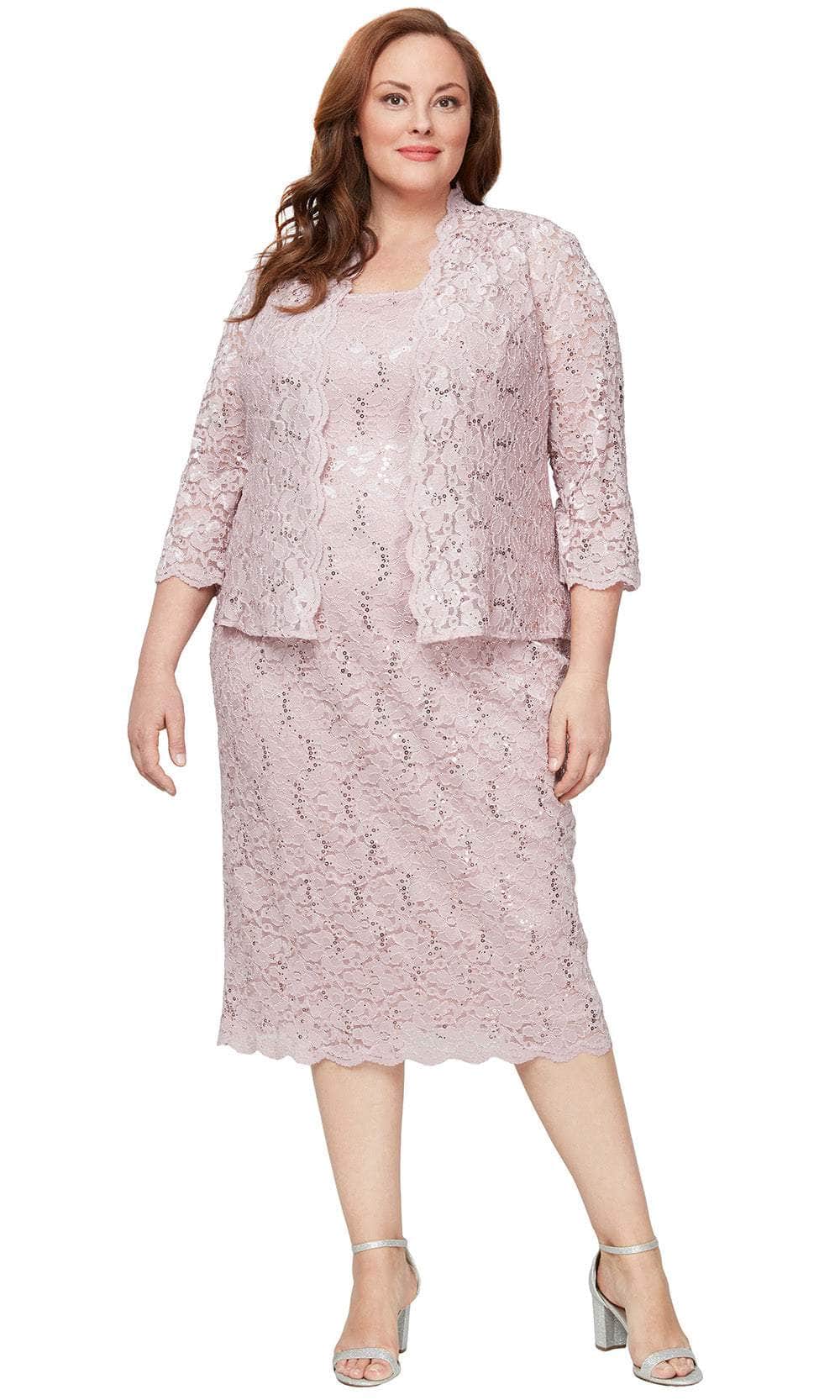 sl fashions dress and jacket Plus Tea-Length Lace Jacket Dress with Sequin Detail