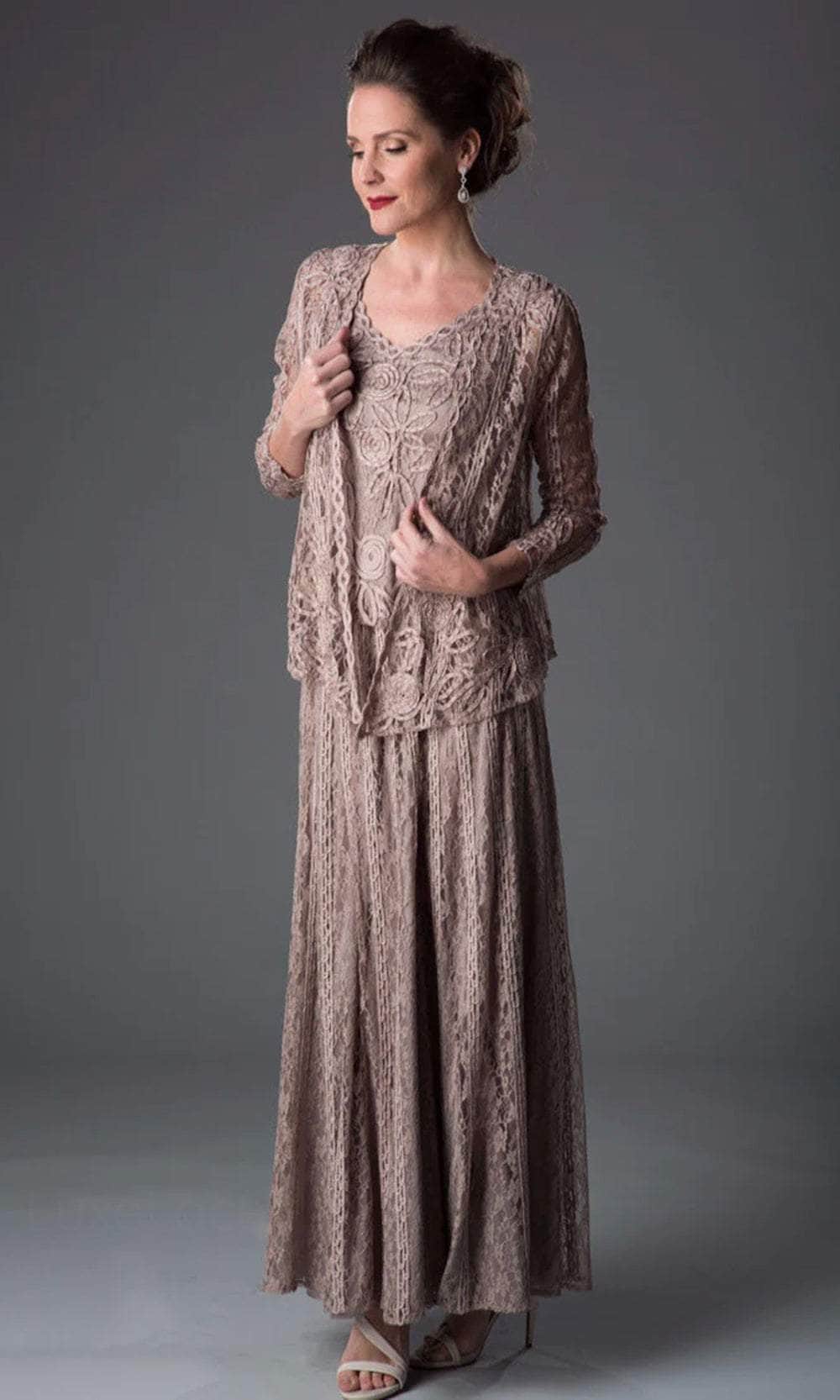 Soulmates 1602 - Embroidered Circle Skirt Three Piece Gown Mother of the Bride Dresses Cocoa / S