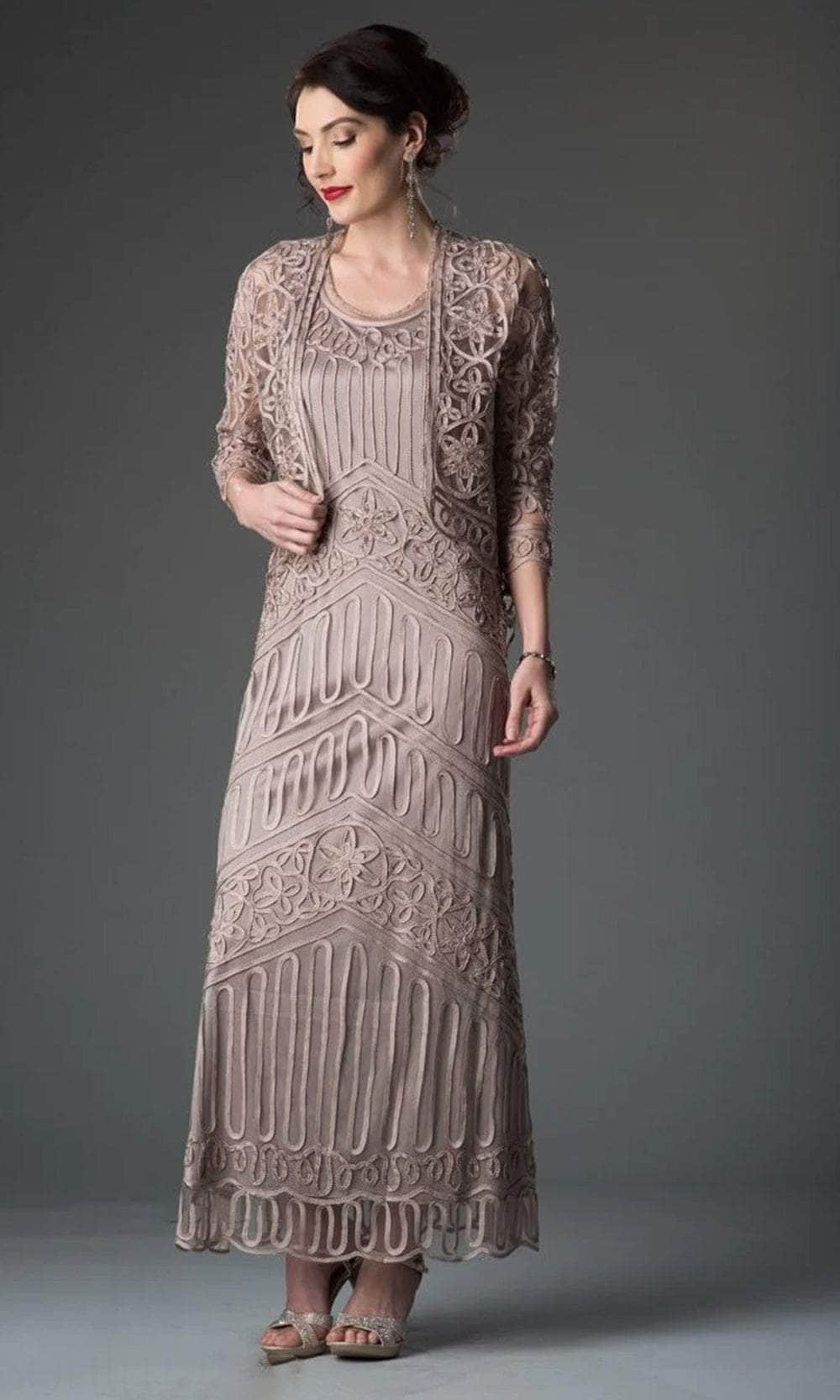 Soulmates 1603 - Soutache Lace Embroidered Dress And Jacket Gown Mother of the Bride Dresses Cocoa / S