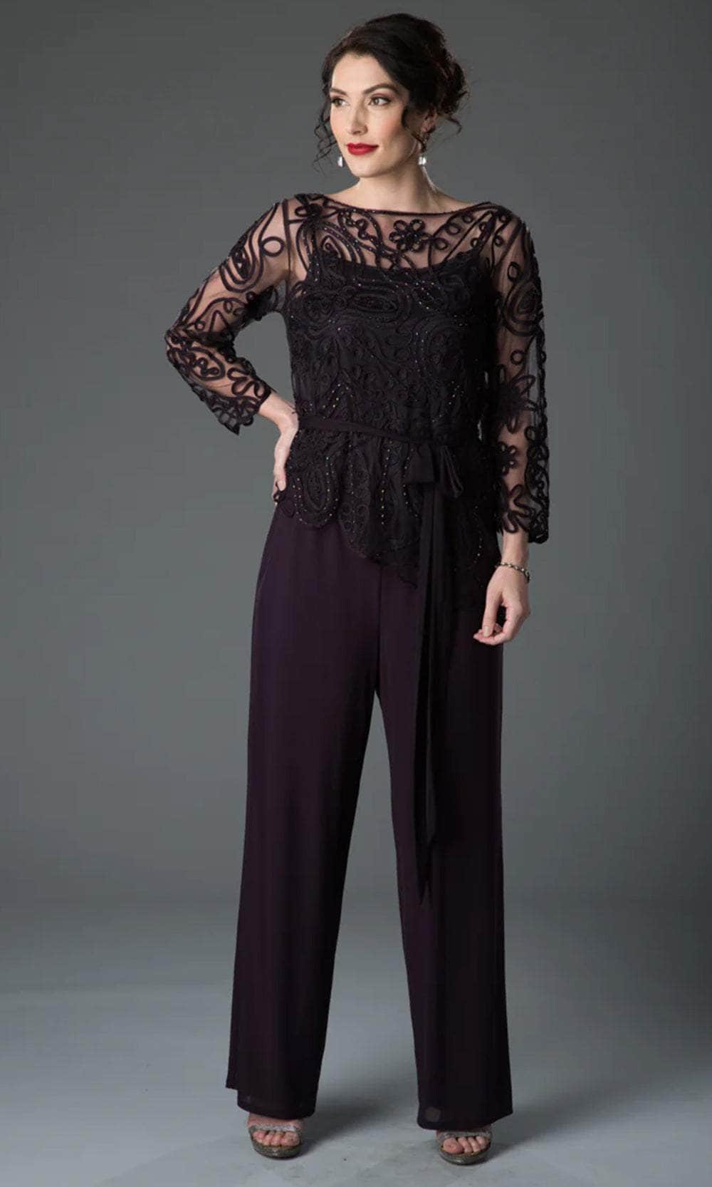 Soulmates 1604 - Soutache Asymmetrical Tunic Pants Set Mother of the Bride Dresses Aubergine / S