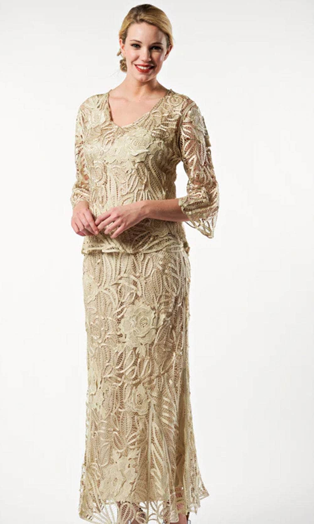 Soulmates D1108 - Rose 3/4 Sleeve Top With Skirt Clothing Set Champagne / S