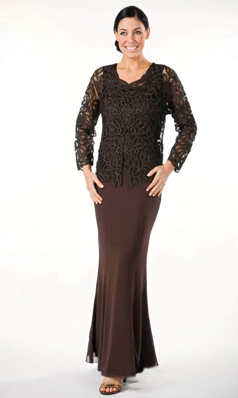 Soulmates D888709 - V-Neck Twin Set With Solid Skirt Clothing Set Espresso / S