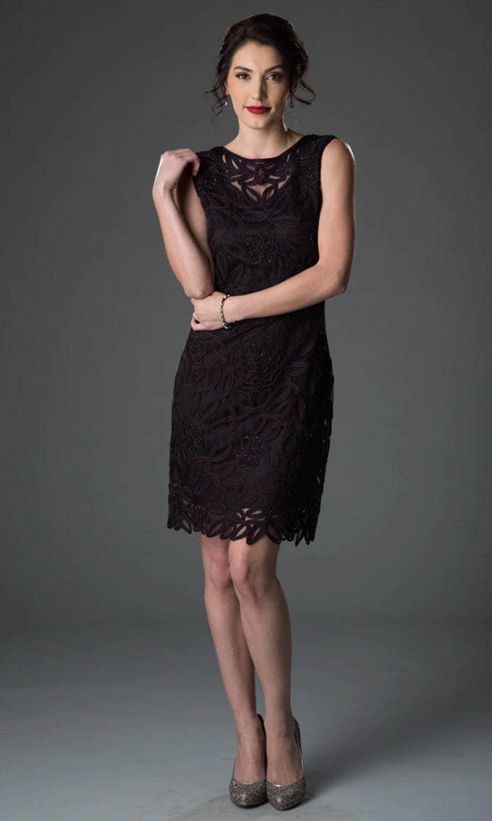Soulmates - Soutache Lace Sequin Boatneck Sheath Dress Cocktail Dresses AUBERGINE / S