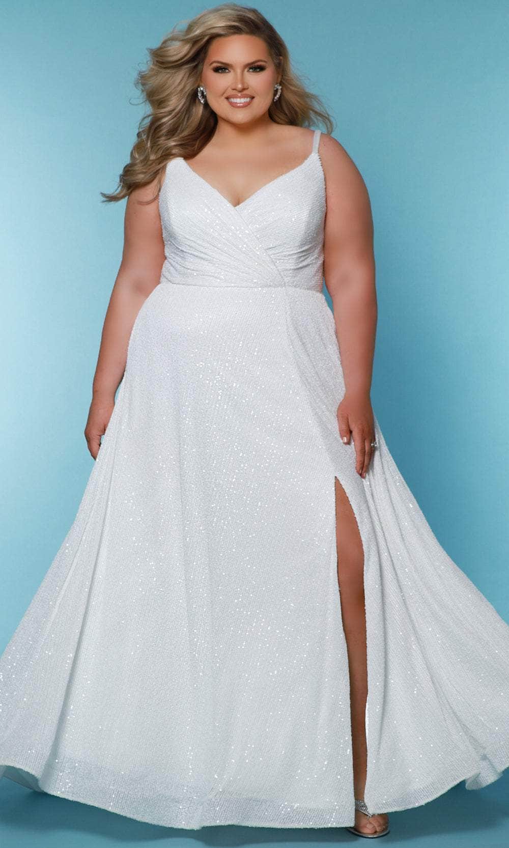 Sydney's Closet Bridal SC5305 - Long Stretch Sequins A-Line Dress - Sleeveless, Sequin Embellished, Surplice Bodice, Spaghetti Straps, Back Zipper Closure, Pockets, Slit, Horsehair Hem, Train, Plus Size ADASA Sydney's Closet Bridal SC5305 - Long Stretch Sequins A-Line Dress - Sleeveless, Sequin Embellished, Surplice Bodice, Spaghetti Straps, Back Zipper Closure, Pockets, Slit, Horsehair Hem, Train, Plus Size ADASA