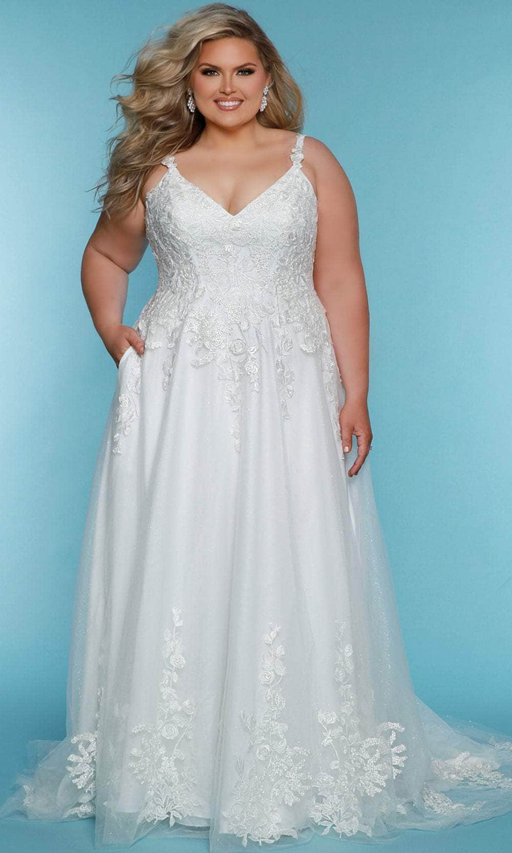 Sydney's Closet Bridal SC5322 - Long Rose Floral Lace Appliques Sparkle  Tulle, Soft Bridal Tulle A-Line Dress