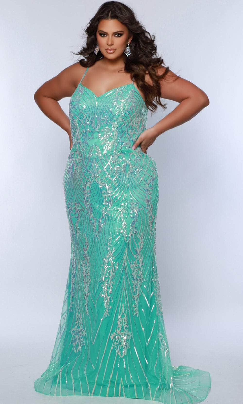 Sydney's Closet SC7366 - Long Iridescent Sequin On Tulle Over Satin Lining Sheath Dress - Sleeveless, Spaghetti Straps, Iridescent Sequin, V-Back, Back Zipper, Sweep Train, Fitted, Plus Size ADASA Sydney's Closet SC7366 - Long Iridescent Sequin On Tulle Over Satin Lining Sheath Dress - Sleeveless, Spaghetti Straps, Iridescent Sequin, V-Back, Back Zipper, Sweep Train, Fitted, Plus Size ADASA
