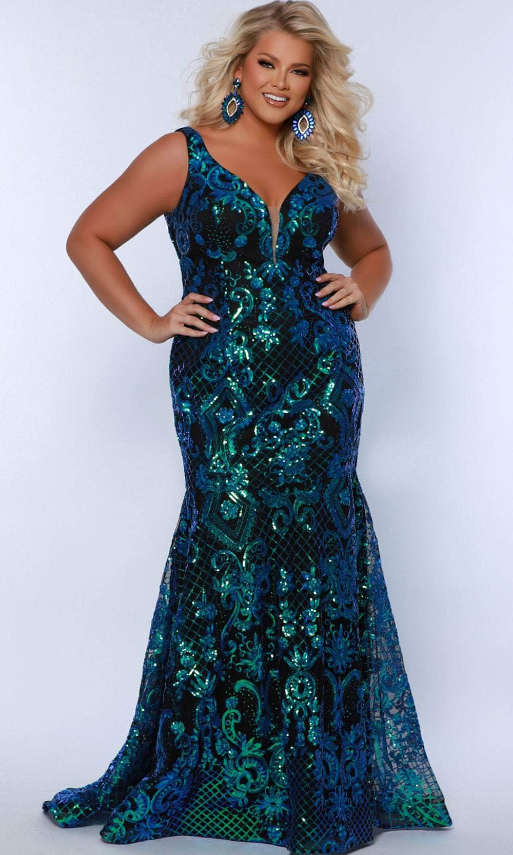 Sydney's Closet SC7368 - Long Laser Cut Sequin On Mesh Mermaid Dress