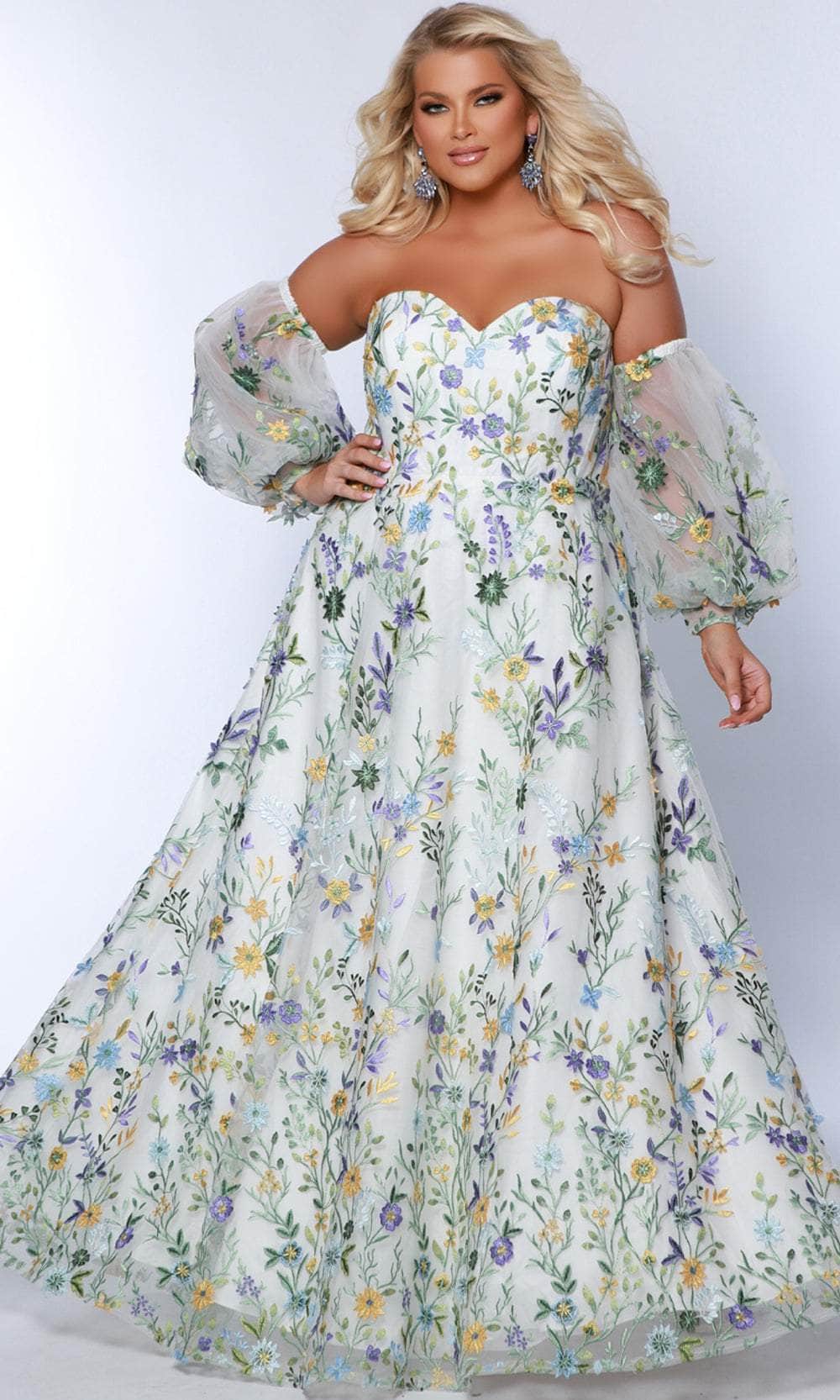 Sydney's Closet SC7381 - Long Embroidered 3D Lace On Net A-Line Dress - Strapless Floral Embroideries, Detachable Puff Sleeves, Back Zipper Closure, Plus Size ADASA Sydney's Closet SC7381 - Long Embroidered 3D Lace On Net A-Line Dress - Strapless Floral Embroideries, Detachable Puff Sleeves, Back Zipper Closure, Plus Size ADASA