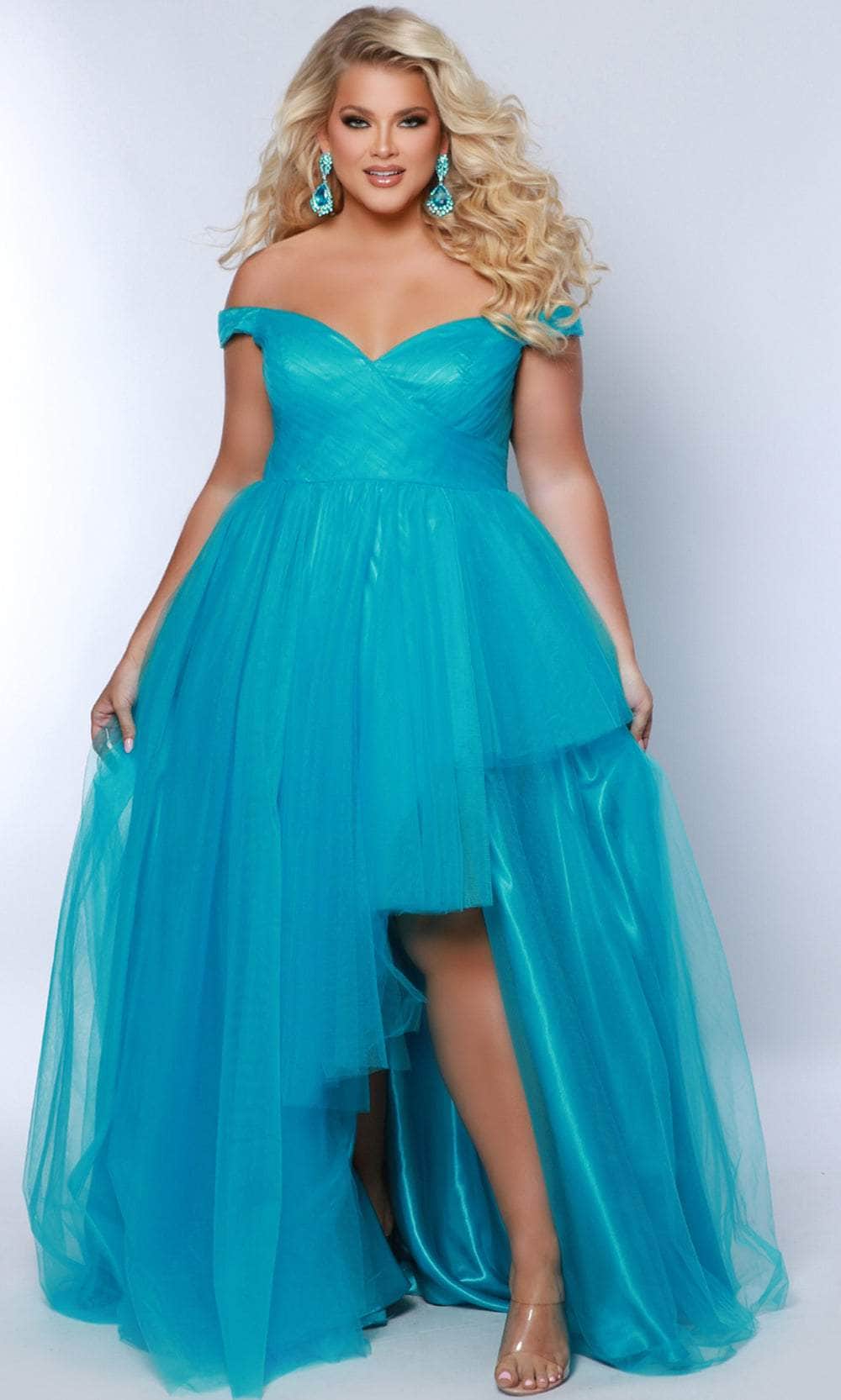 Sydney's Closet SC7388 - High-Low Tulle A-Line Dress - Off-Shoulder, Back Zipper Closure, Slit, Train, Plus Size ADASA Sydney's Closet SC7388 - High-Low Tulle A-Line Dress - Off-Shoulder, Back Zipper Closure, Slit, Train, Plus Size ADASA