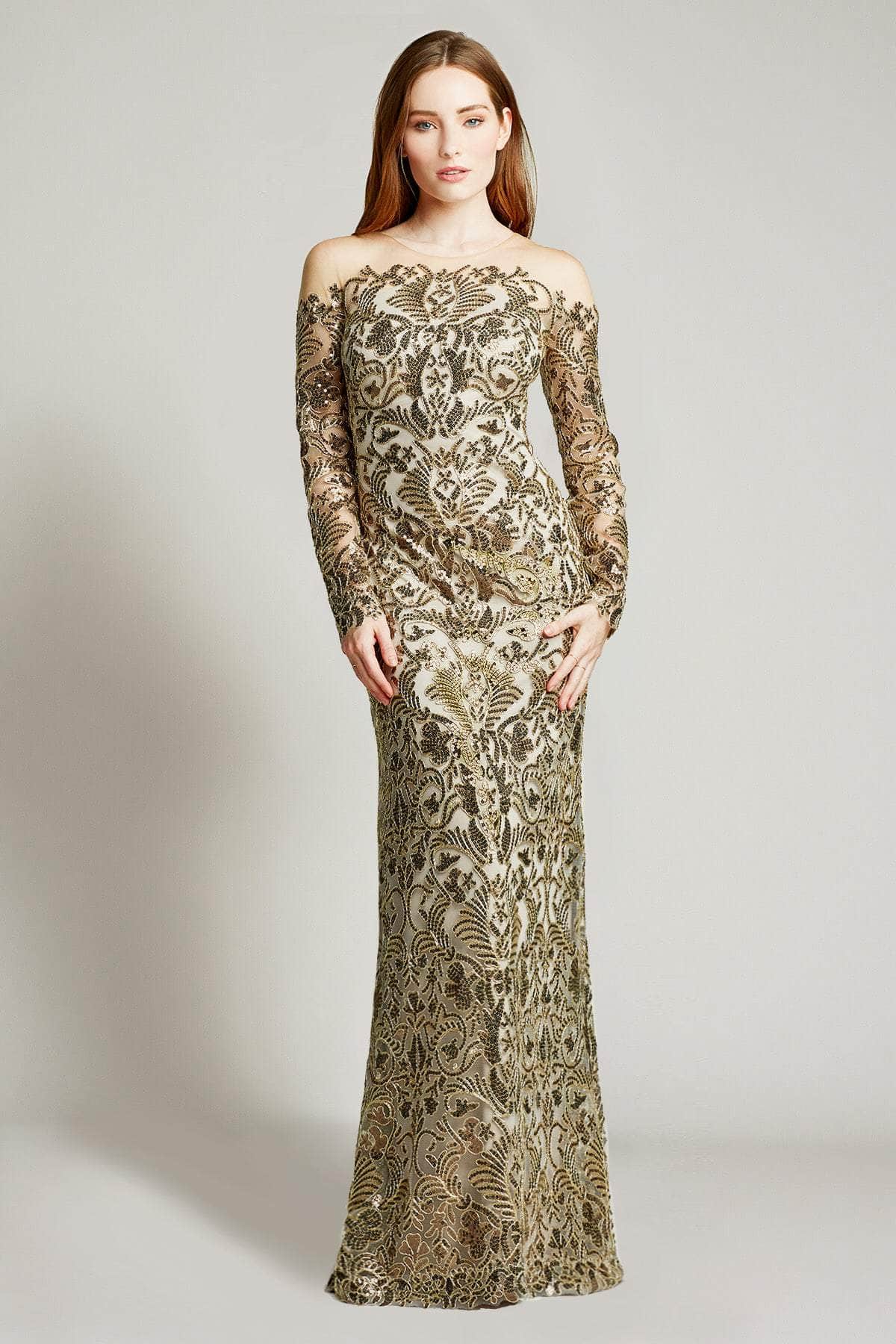 Tadashi Shoji ATV18234L - Paillette Embroidered Sheath Prom Gown Special Occasion Dress 6 / Antique
