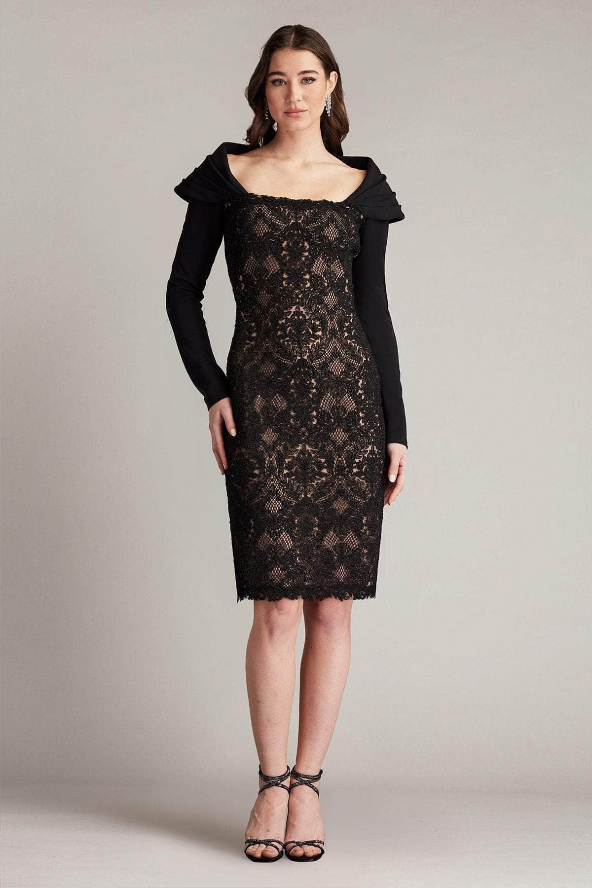 Tadashi Shoji CGC24684M - Knee Length Lace Sheath Dress - Long Sleeves, Shawl Like Detail, Lace Design, Knee Length Hem ADASA Tadashi Shoji CGC24684M - Knee Length Lace Sheath Dress - Long Sleeves, Shawl Like Detail, Lace Design, Knee Length Hem ADASA